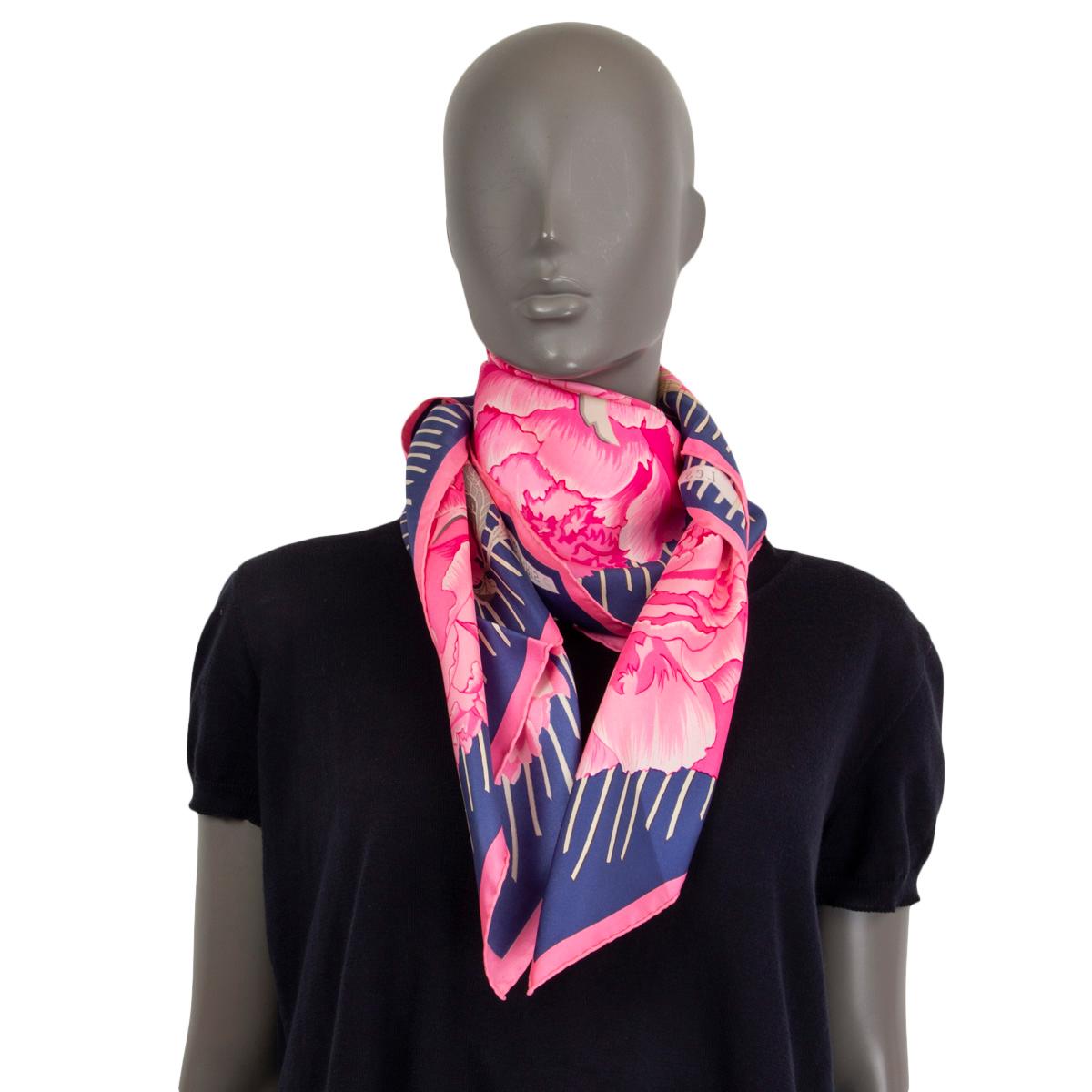 Pink Hermes pink navy blue LES PIVOINES 90 Scarf silk