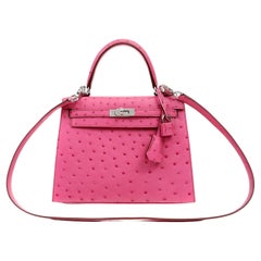 Hermes Kelly 25 Sellier Bag Ostrich Rouge Vif Pink Topstitch Palladium –  Mightychic