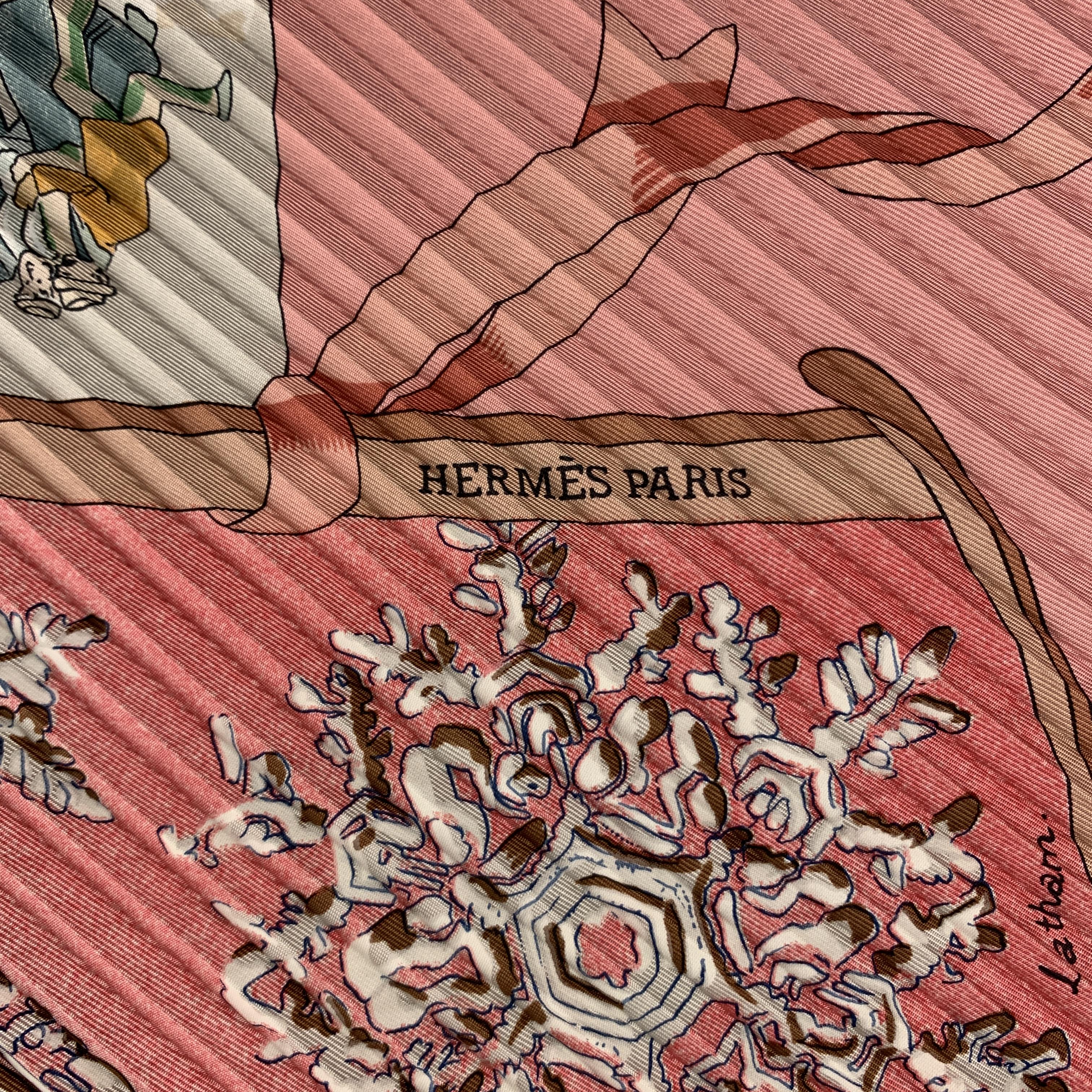 HERMES Pink Pleated Silk 'Neige d' Antan' Scarf In New Condition In San Francisco, CA