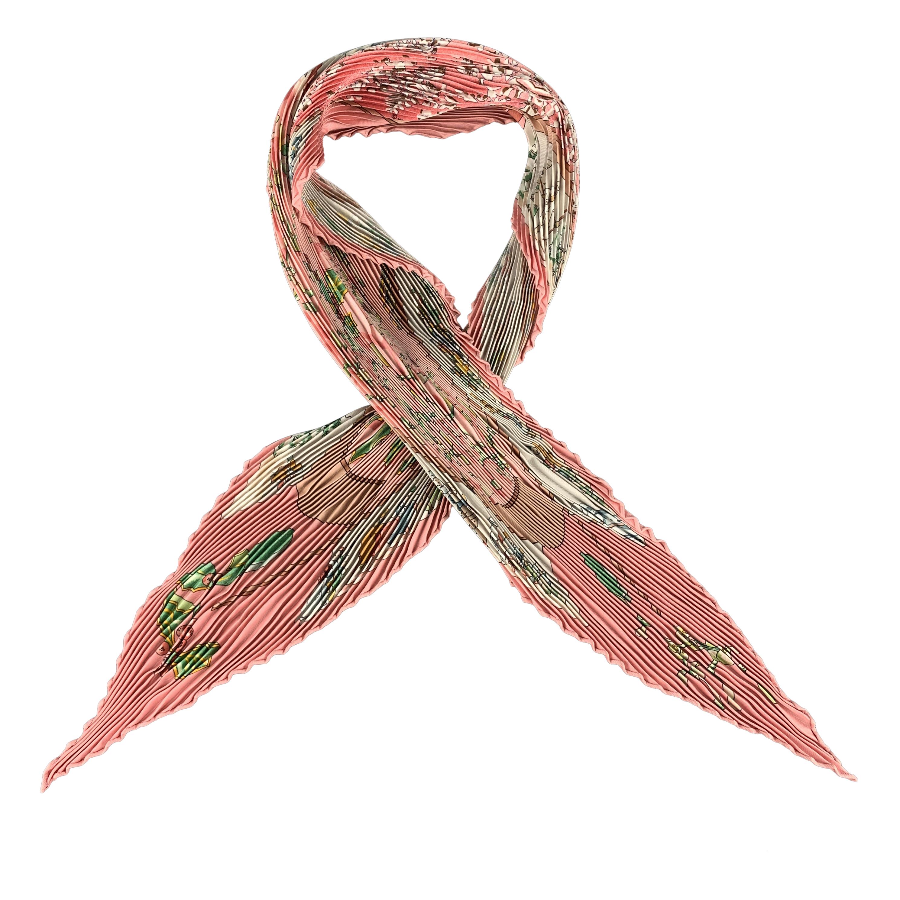 HERMES Pink Pleated Silk 'Neige d' Antan' Scarf