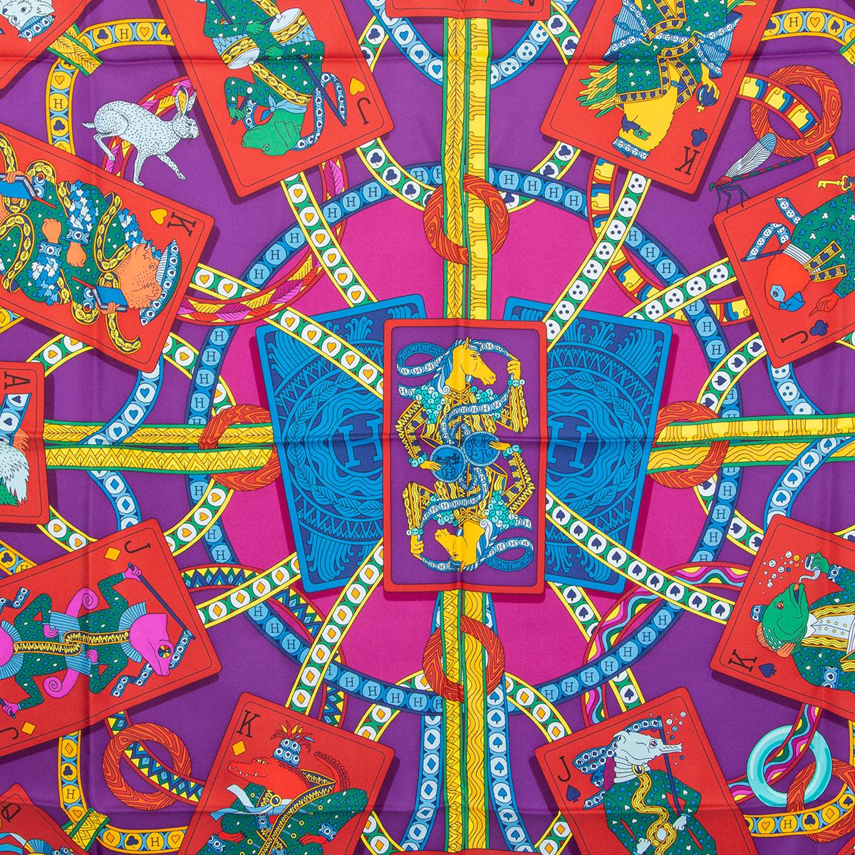 Hermes 'Dame de Coeur 90' scarf by Pierre Marie in fuchsia silk twill (100%) with purple center and details in red, yellow, turquoise, green and light blue. Has been worn and is in excellent condition.

Width 90cm (35.1in)
Height 90cm (35.1in)
