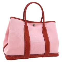 Hermes Pink Red Canvas Leather Carryall Travel Top Handle Tote Bag