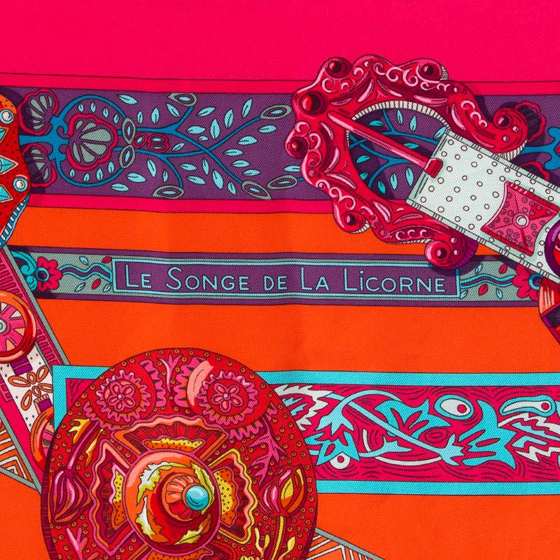 Hermes '90 Le Songe De La Licorne' scarf designed by Annie Faivre in pink, red, purple, light blue, grape, pale rose, yellow, pink and chartreuse silk twill (100%). Has been worn and is in excellent condition.

Width 90cm (35.1in)
Height 90cm