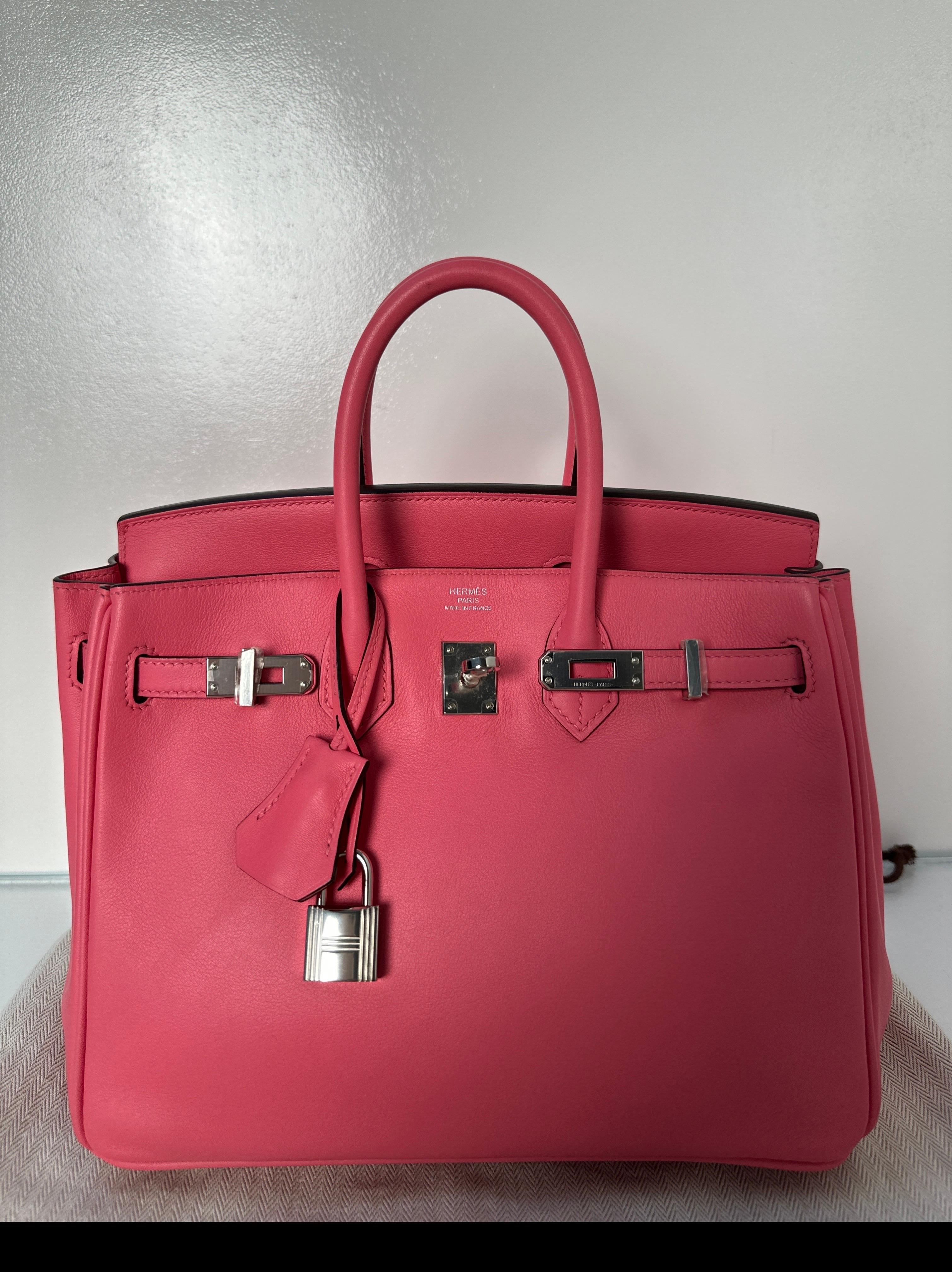 Hermes Rose Azalee Birkin 25 Bag. Pretty pink baby Birkin size 25. Rare size and color. Interior clean. Bag is in excellent condition. One light spot on the handle. Overall very nice. Would make a great gift. Palladium silver hardware. Includes