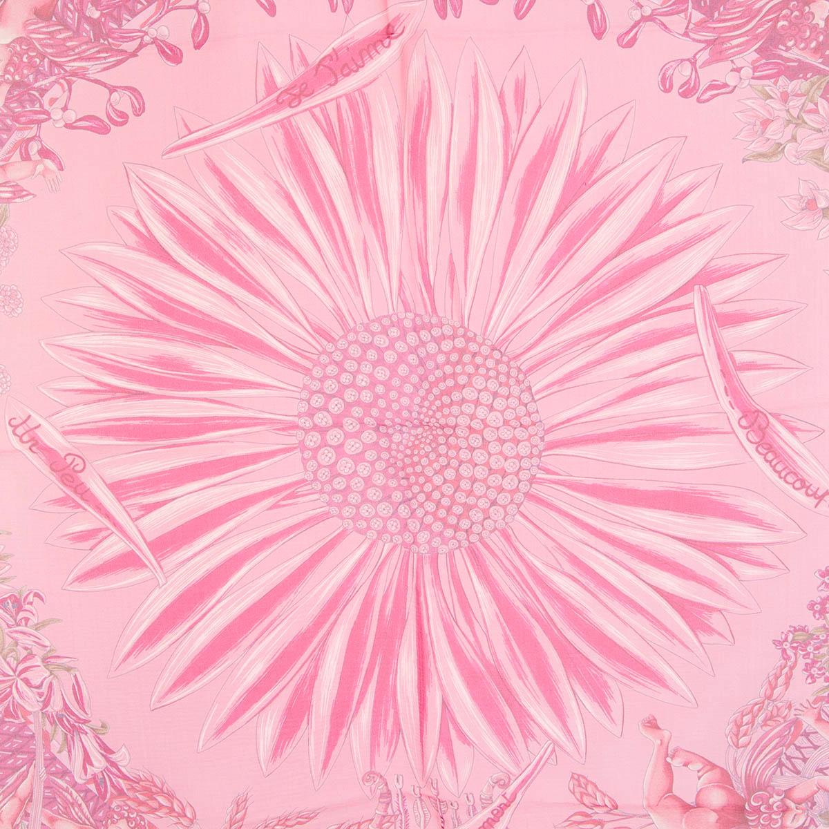 100% authentic Hermès Amours 90 Mousseline scarf by Annie Faivre in rose pink silk (100%) with details in pink, magenta and taupe with large daisy, angel and bell details. Has been worn and is in excellent condition. 

Measurements
Width	90cm