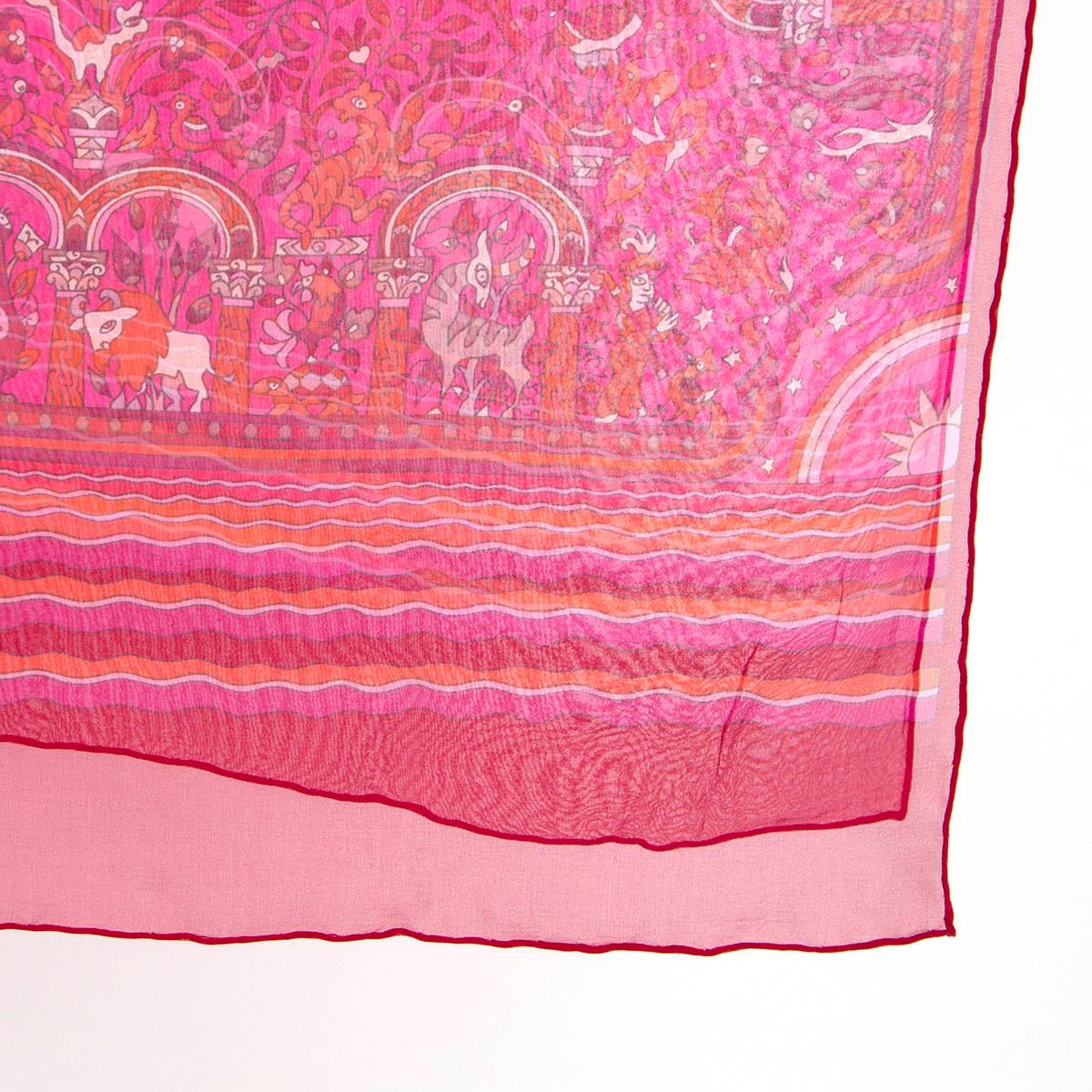 HERMES pink silk chiffon LES JARDINS D'ARMENIE OBLONGE Scarf In Excellent Condition In Zürich, CH