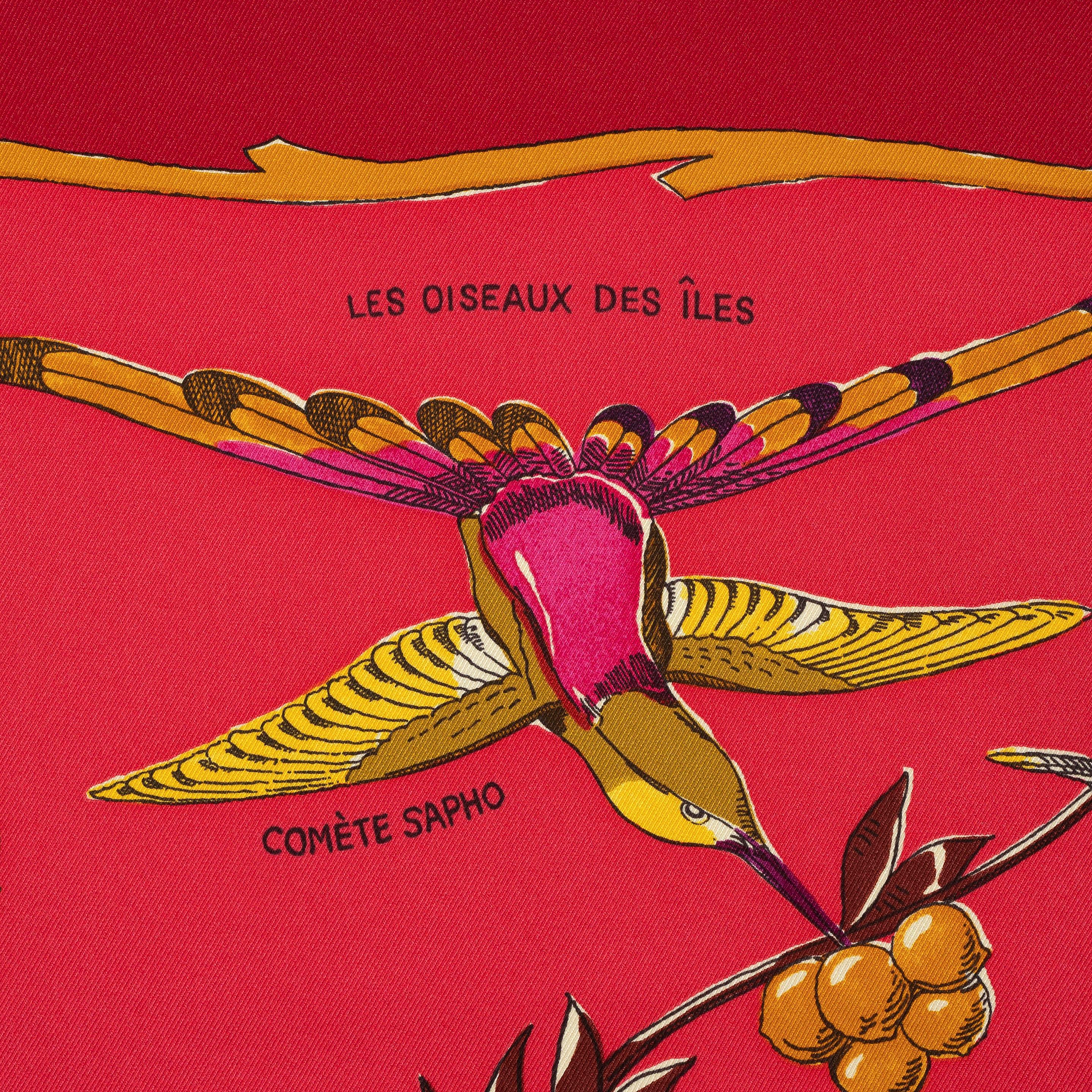
This 100% authentic Hermès Les Oiseaux des Îles 70 scarf, designed by Charles Pittner, is crafted from pink vintage silk (100%) and features a red border. The scarf showcases a detailed study of various tropical birds in pink, purple, yellow, and