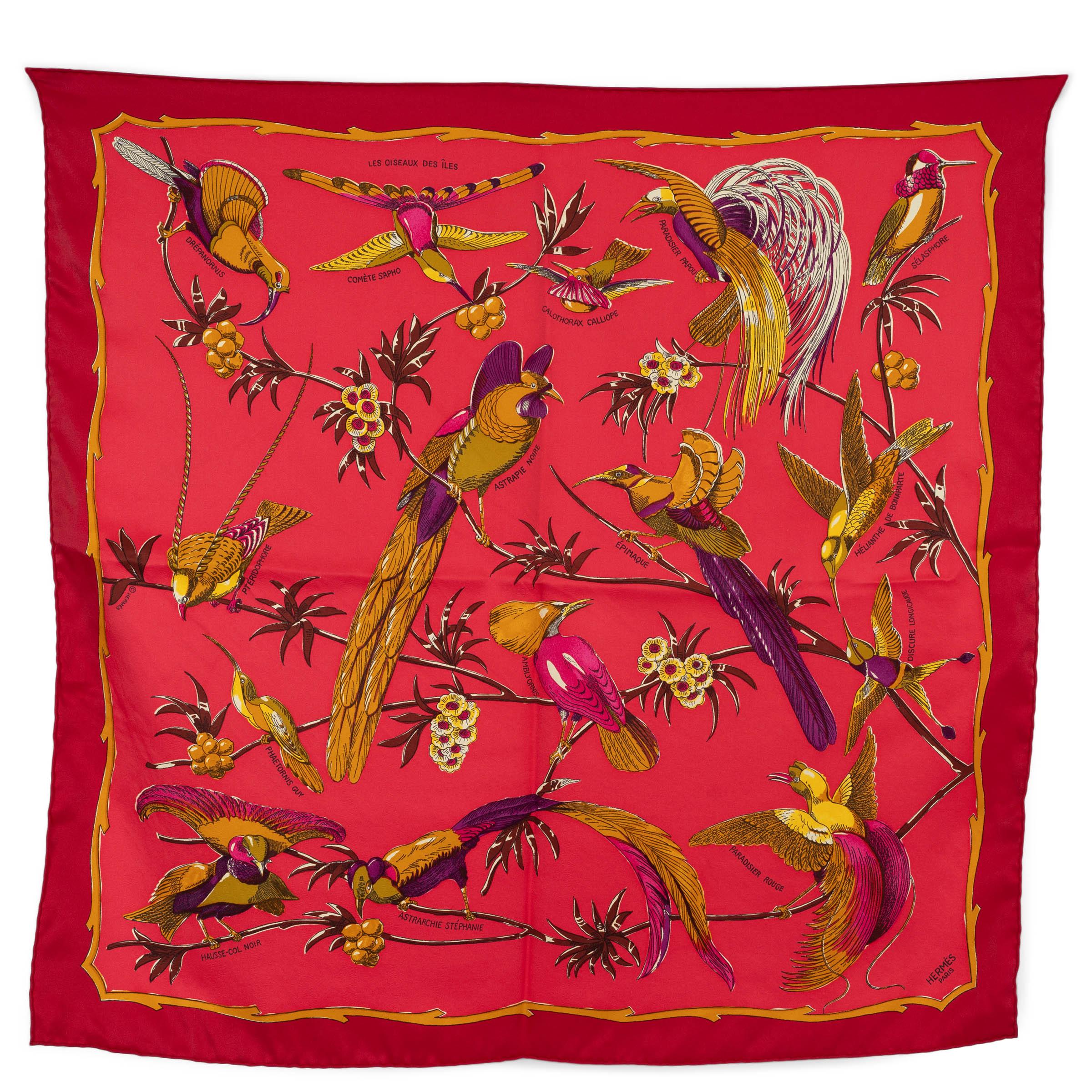 HERMES pink silk LES OISEAUX DES ILES 70 Scarf
