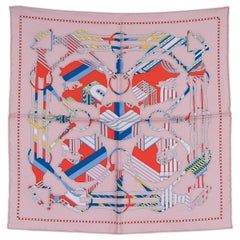 HERMES pink silk TATERSALE EN ZIGZAG 45 Scarf Vieux Rose Rouge Bleu