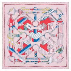 HERMES pink silk TATERSALE EN ZIGZAG 45 Scarf Vieux Rose Rouge Bleu