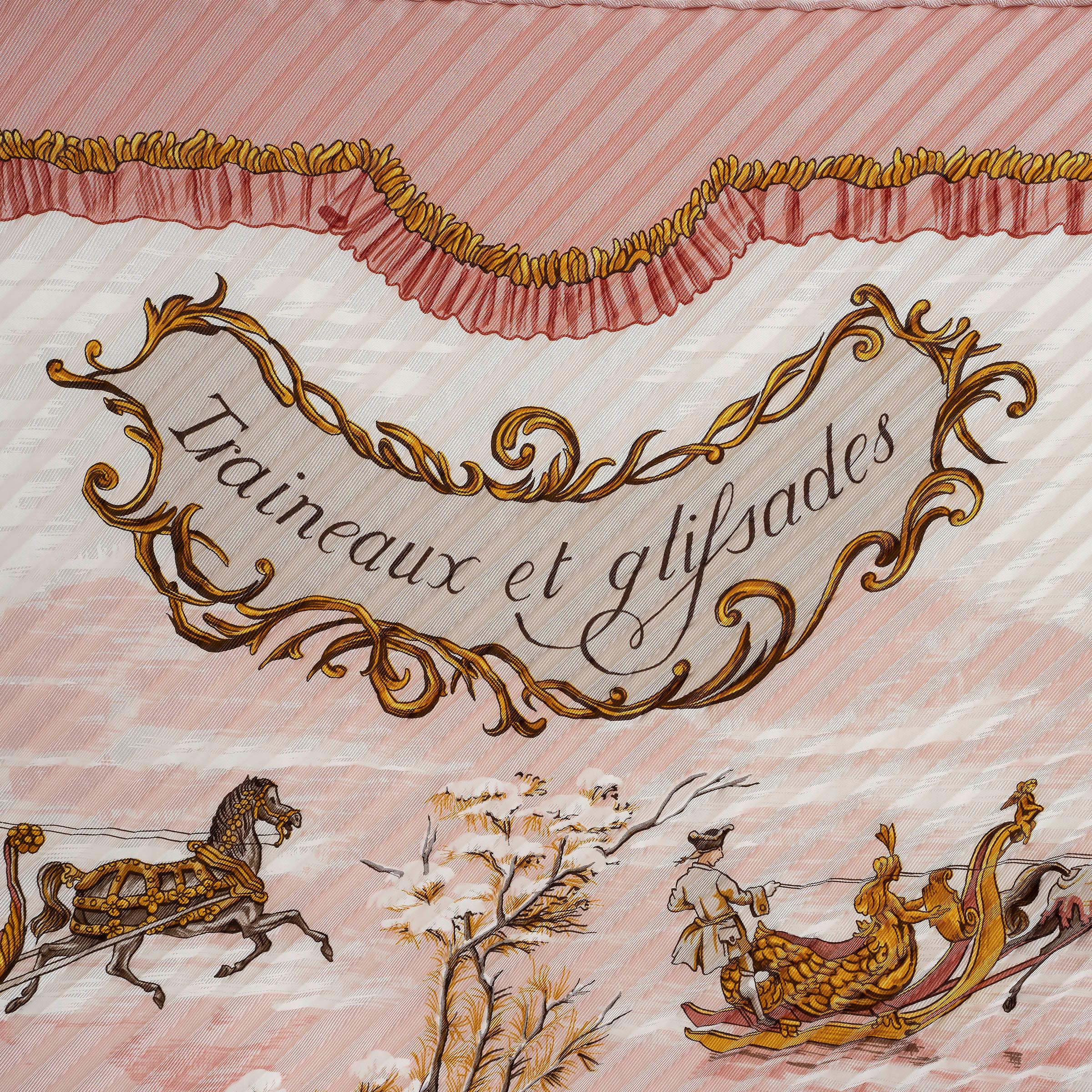 100% authentic Hermès Traineaux et Glissades 90 plisse silk scarf by Francoise de la Perriere in rose pink with details in ecru, gold and taupe. Has been worn and is in excellent condition. Comes with box. 

Measurements
Width	90cm