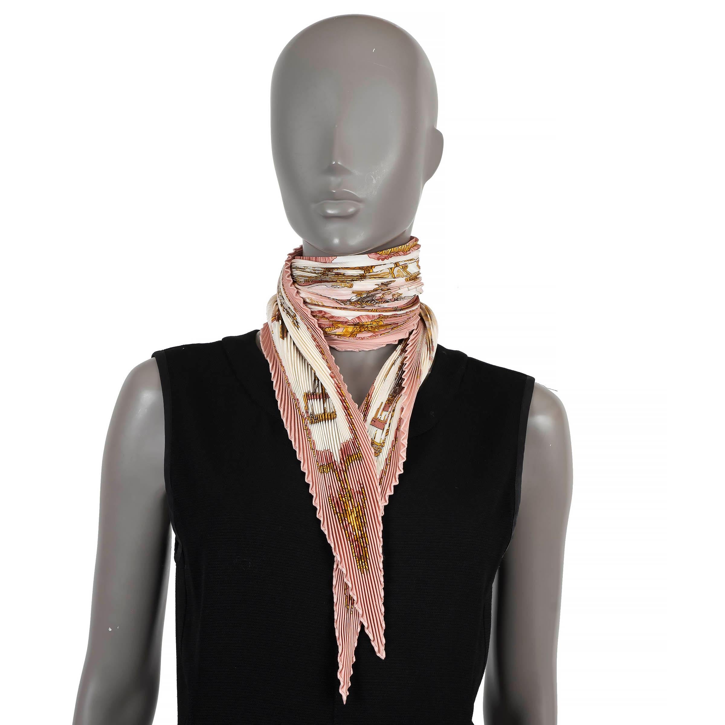 Women's or Men's HERMES pink silk TRAINEAUX ET GLISSADES 90 PLISSE Scarf For Sale