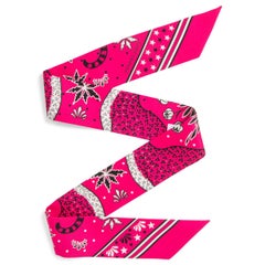 HERMES pink silk twill LES LEOPARDS Twilly Scarf silk Rose Vif Noir Blanc