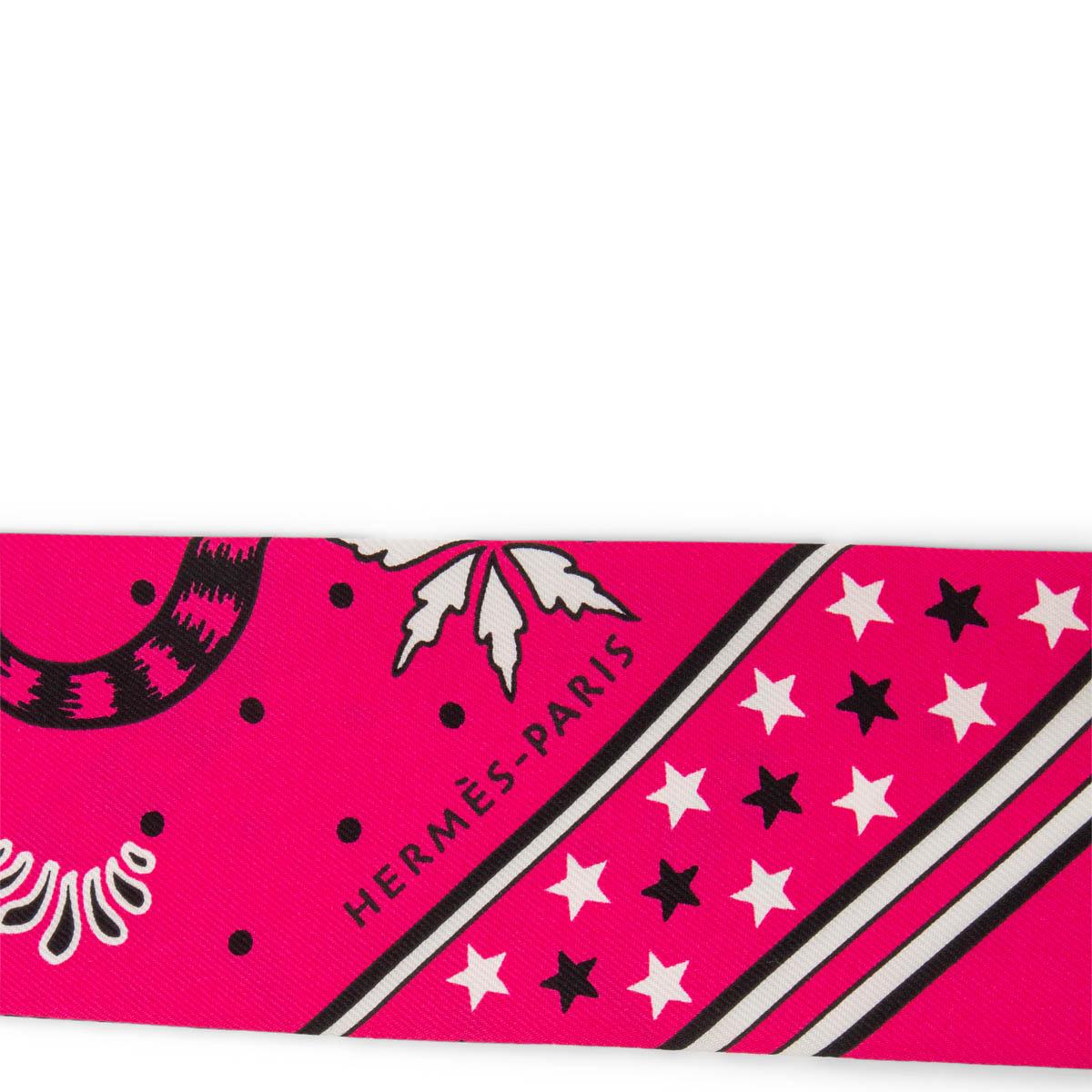 Pink HERMES pink silk twill LES LEOPARDS Twilly Scarf silk Rose Vif Noir Blanc