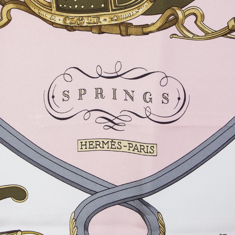 Hermes 'Springs 90' scarf designed by Philippe Ledoux in rose, off-white, grey and light olive green and black silk twill (100%). Has been worn and is in excellent condition.

Width 90cm (35.1in)
Height 90cm (35.1in)