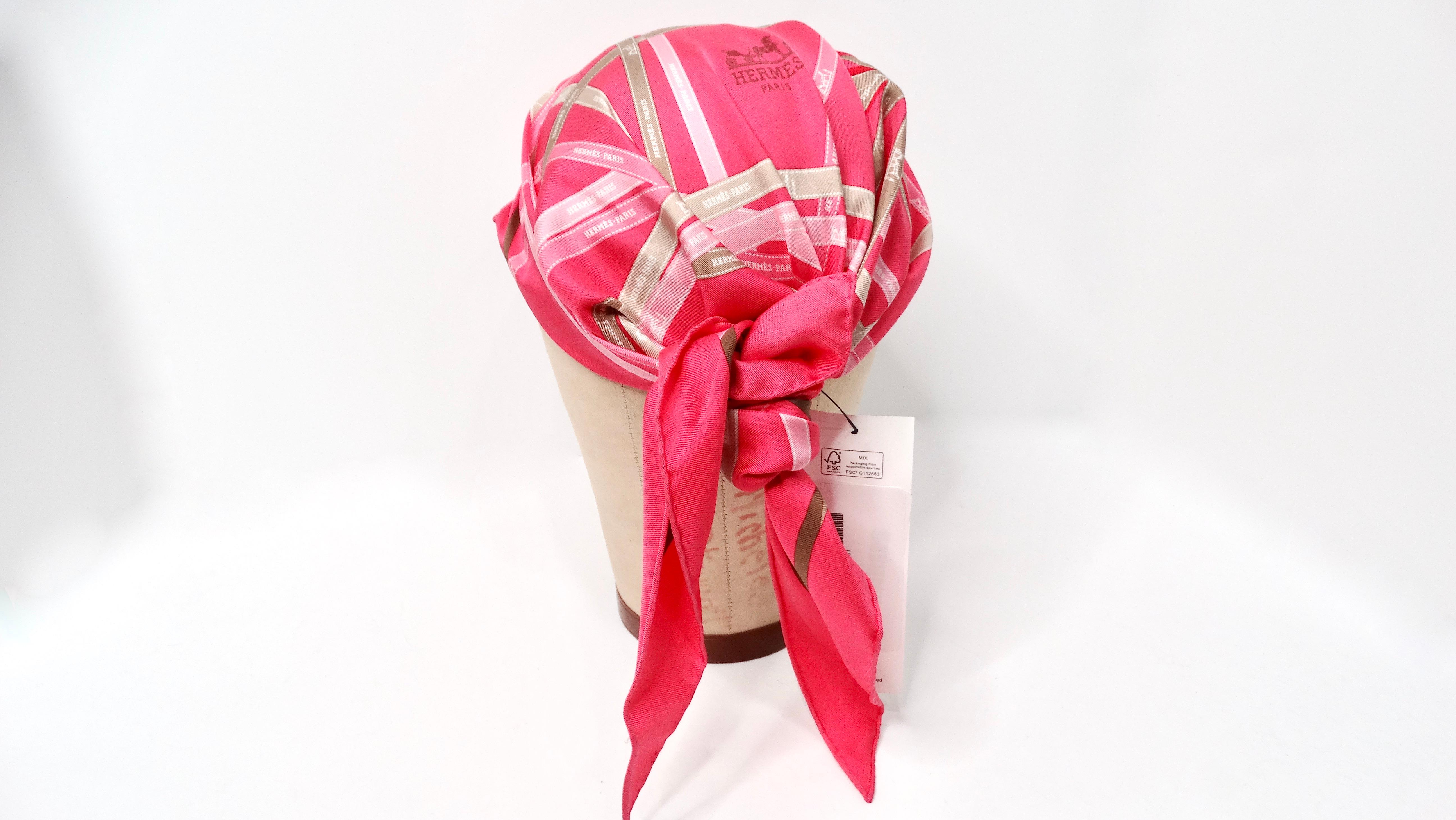 Women's Hermes Pink Stripe Ribbon Motif Silk Scarf Hat