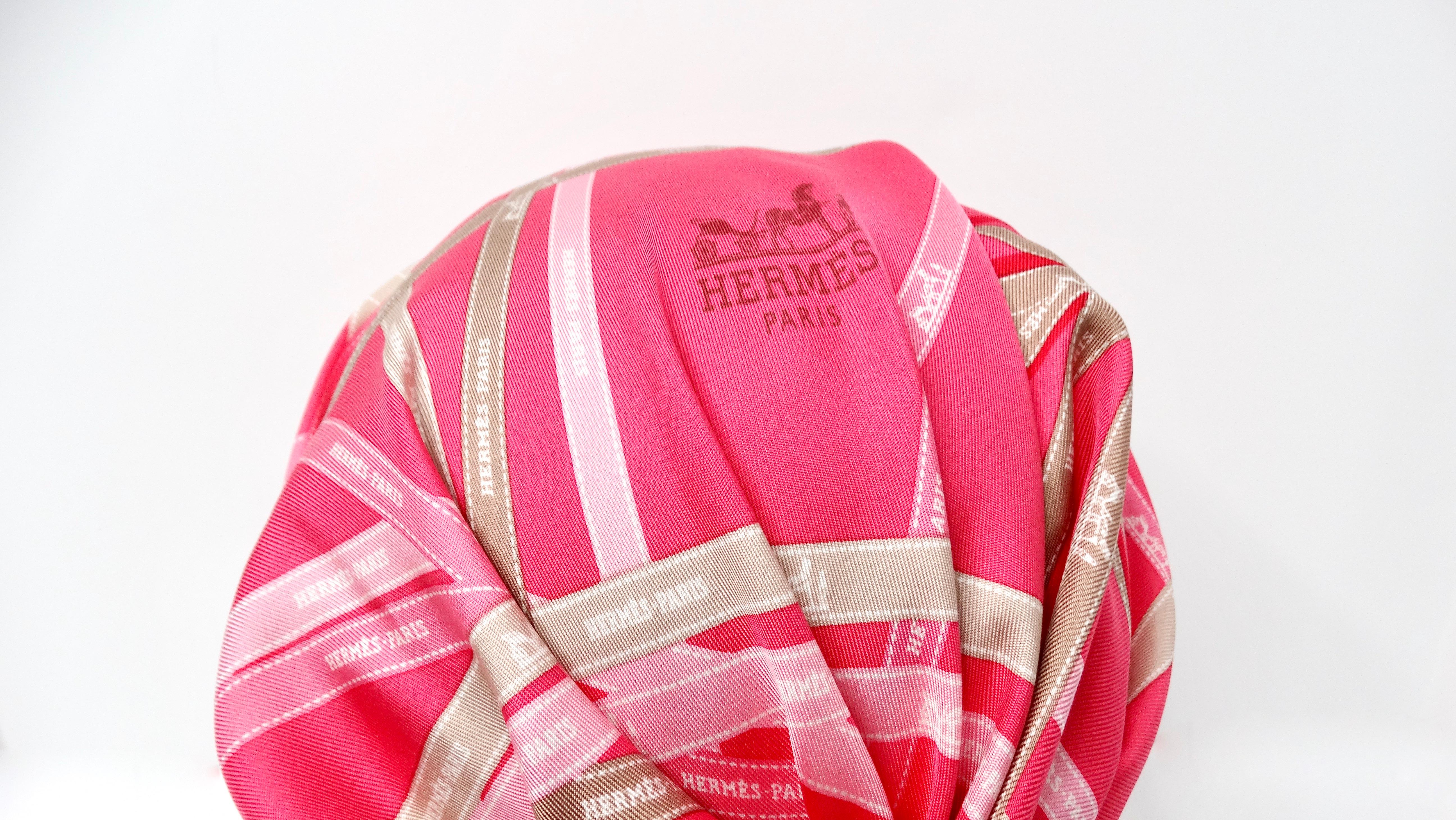 Hermes Pink Stripe Ribbon Motif Silk Scarf Hat 1