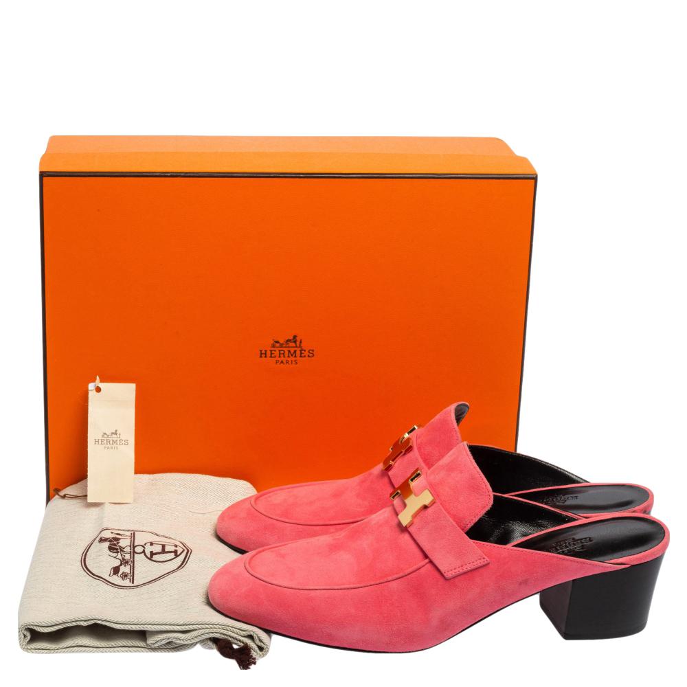 Hermes Pink Suede Paradis Block Heel Mule Sandals Size 40.5 1