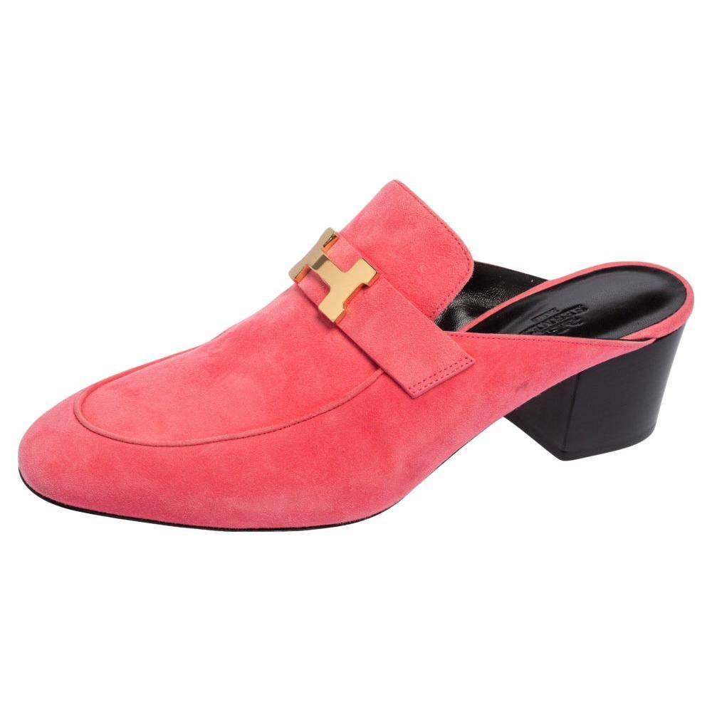 Hermes Pink Suede Paradis Block Heel Mule Sandals Size 40.5