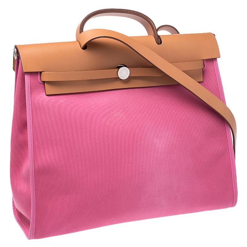 Hermes Pink/Tan Canvas and Leather 2in1 Herbag Zip 39 Bag In Good Condition In Dubai, Al Qouz 2