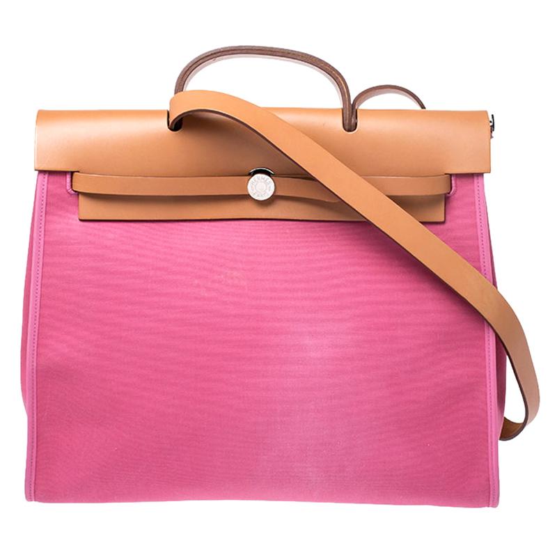 Hermes Pink/Tan Canvas and Leather 2in1 Herbag Zip 39 Bag