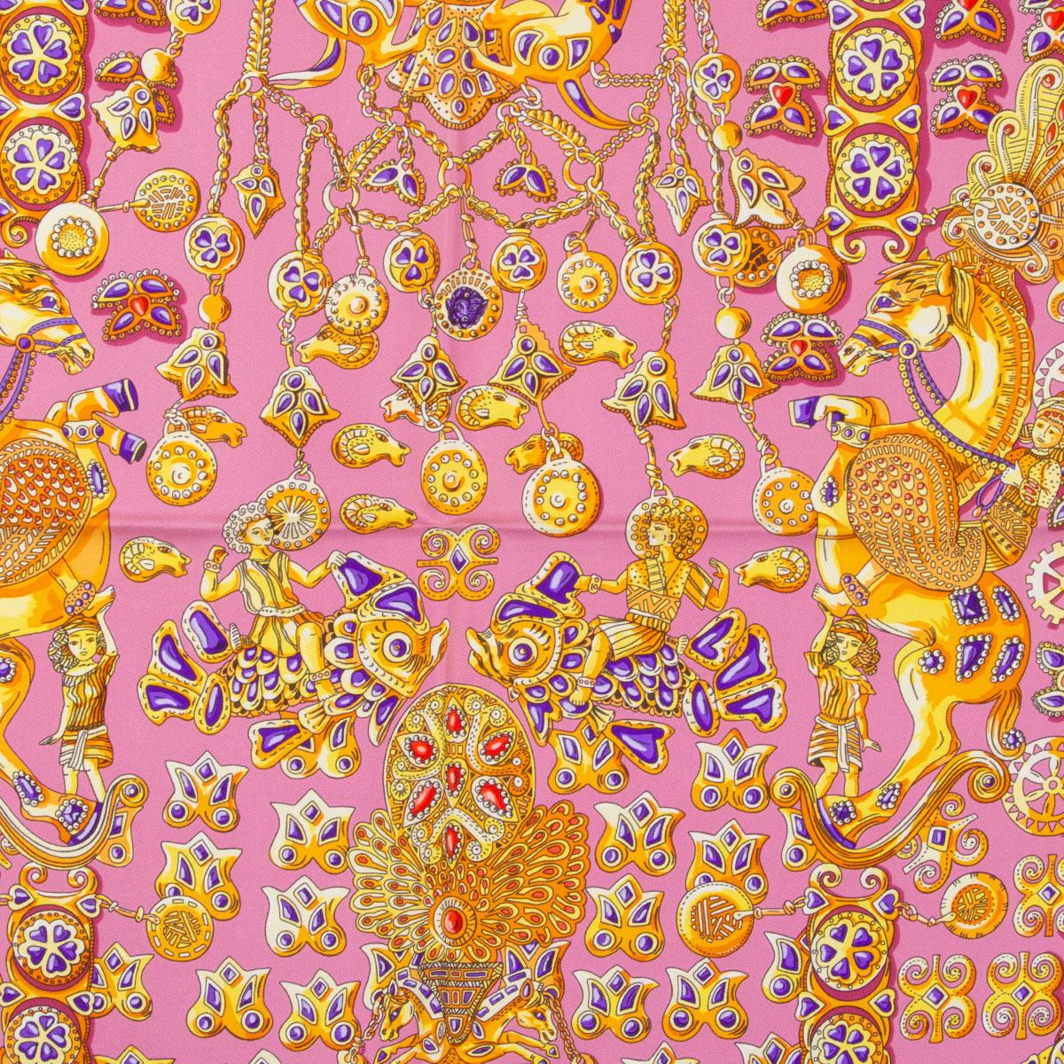 Hermes 'Tresors Retrouves 90' scarf by Annie Faivre in dusty pink silk twill (100%) with fuchsia border and details in purple and gold. Has been worn and is in excellent condition.

Width 90cm (35.1in)
Height 90cm (35.1in)