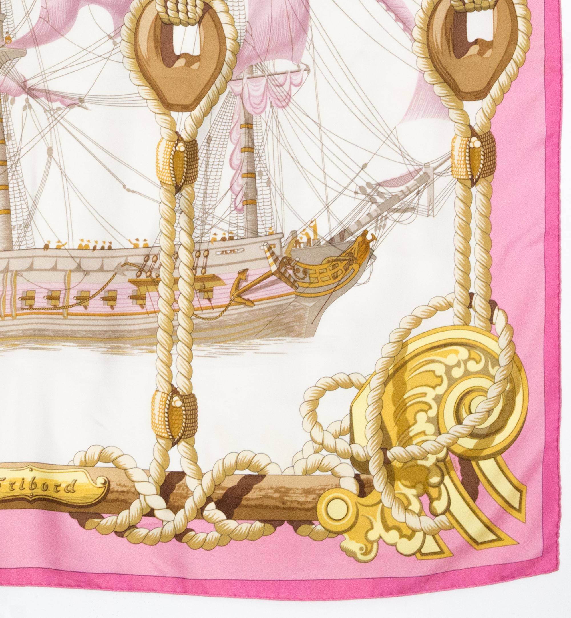 Foulard en soie Hermes Tribord rose par Julie Abadie en vente 1