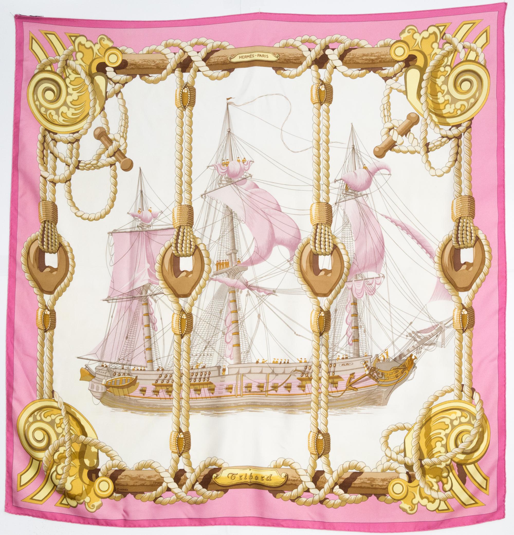 Foulard en soie Hermes Tribord rose par Julie Abadie en vente 2