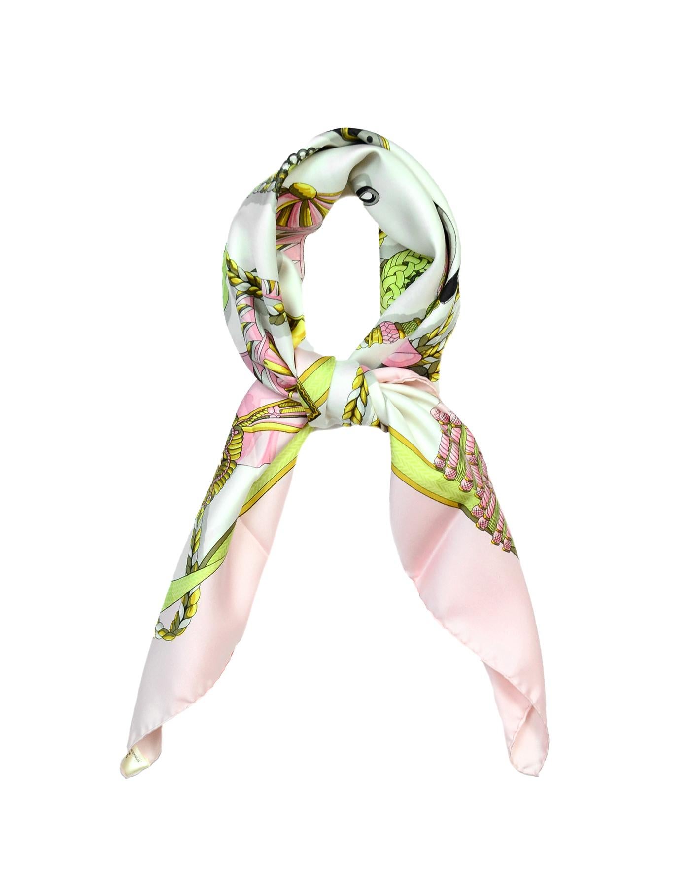 Hermes Pink/White Frontaux Et Cocardes Horse/Ribbon Print 90cm Silk Scarf

Made In:  France
Color: Pink and white
Materials: 100% silk
Overall Condition: Very good pre-owned condition with exception of some light staining 
Estimated Retail: $395 +
