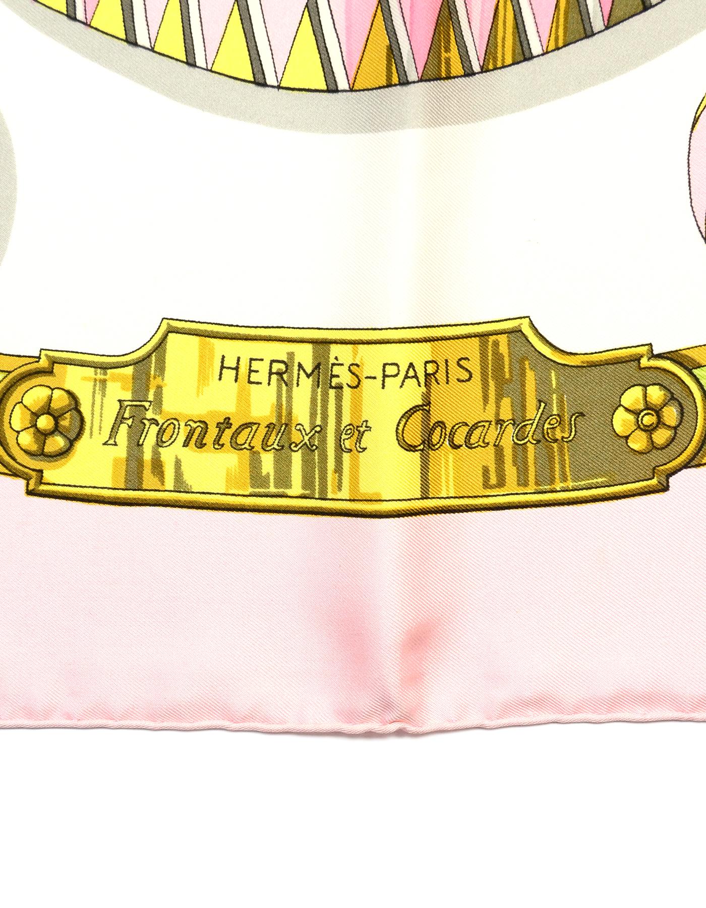 Women's Hermes Pink/White Frontaux Et Cocardes Horse/Ribbon Print 90cm Silk Scarf