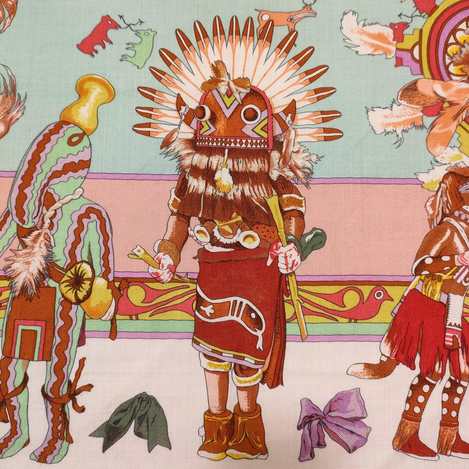 Brown Hermès Pink White Kachinas Silk/Cashmere  Shawl