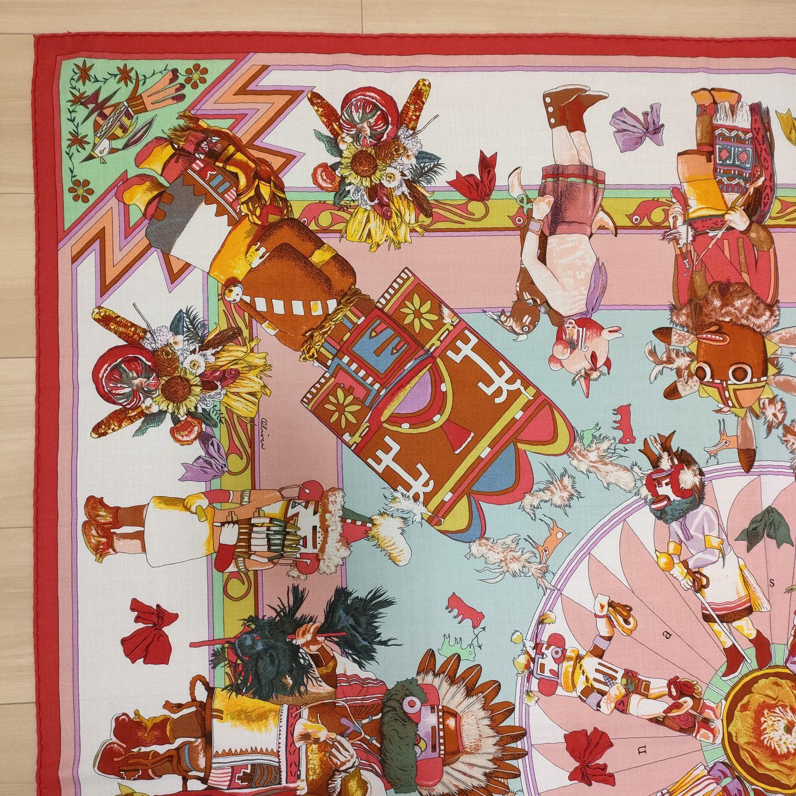 Hermès Pink White Kachinas Silk/Cashmere  Shawl In Excellent Condition In West Hollywood, CA