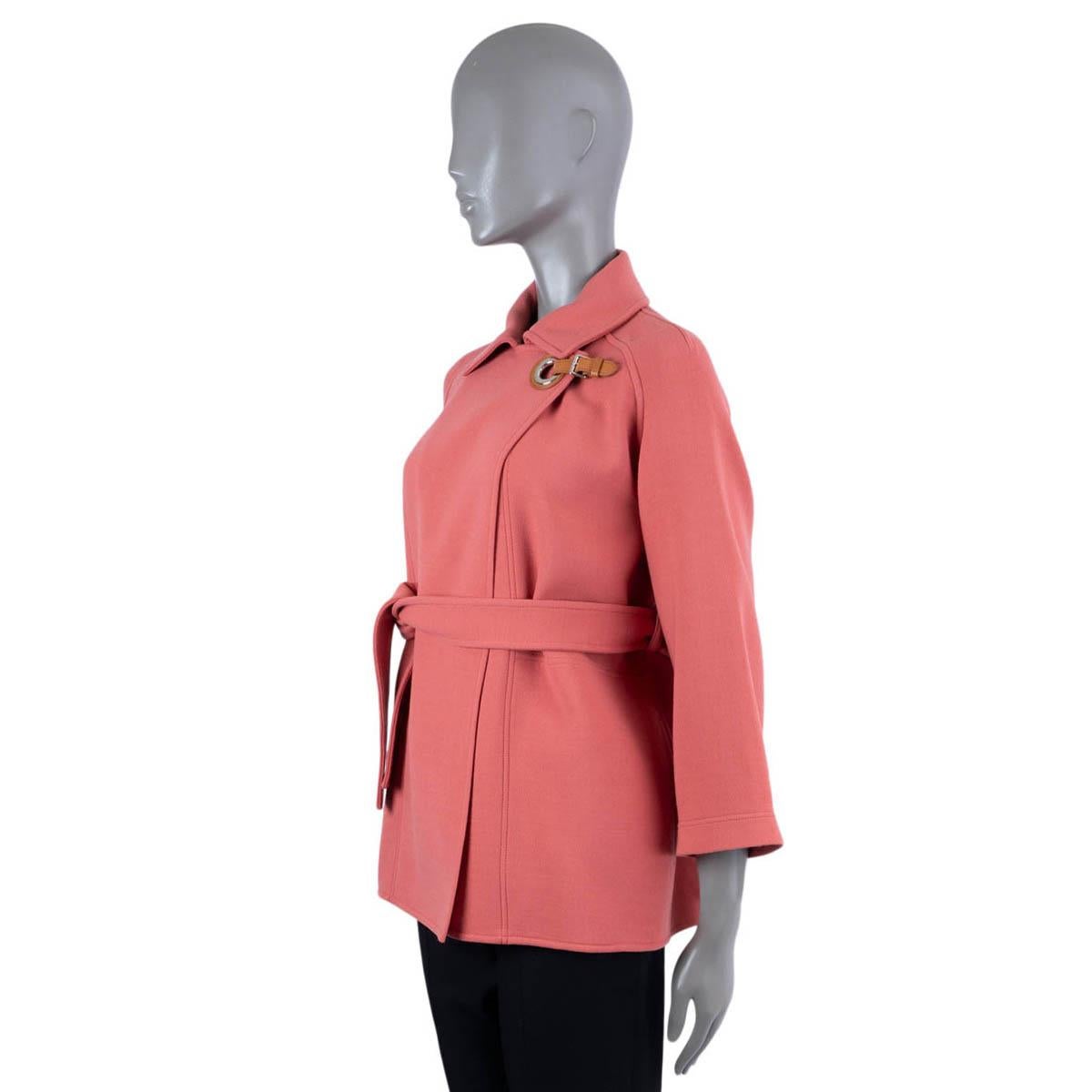 Women's HERMES pink wool 2022 BELTED TWILL Coat Jacket w EYELET CLOSURE 34 XS For Sale