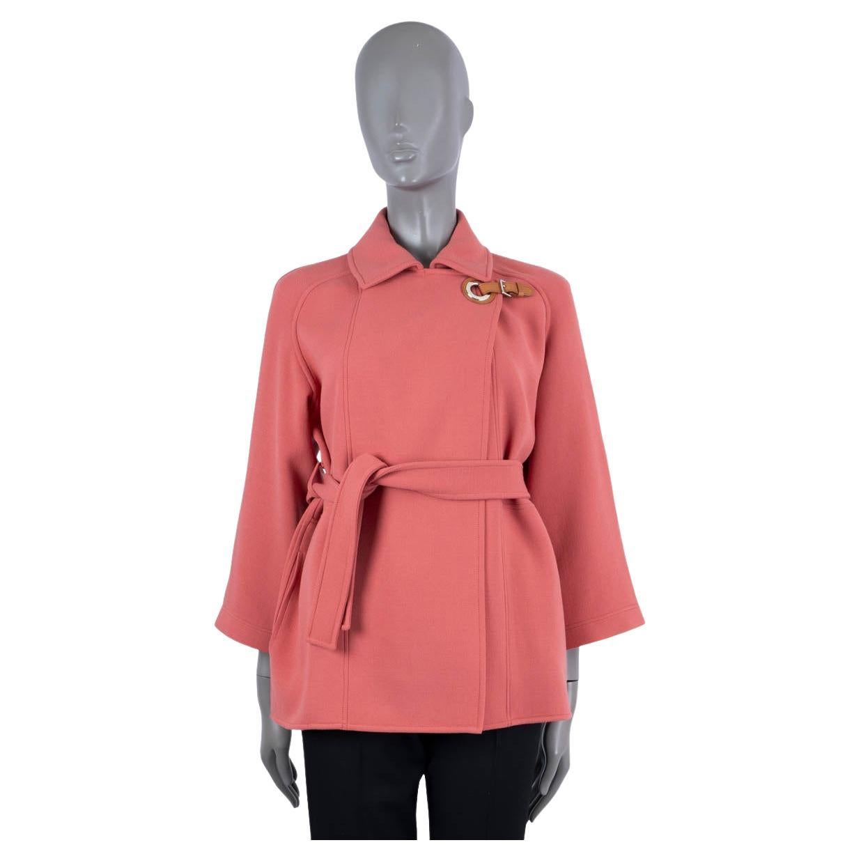 HERMES pink wool 2022 BELTED TWILL Coat Jacket w EYELET CLOSURE 34 XS For Sale