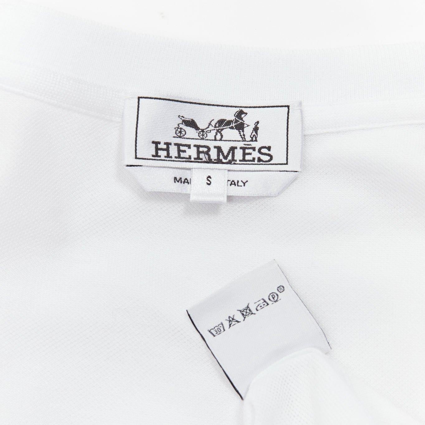 HERMES Pique H white 100% cotton logo pocket crew neck tshirt S For Sale 4