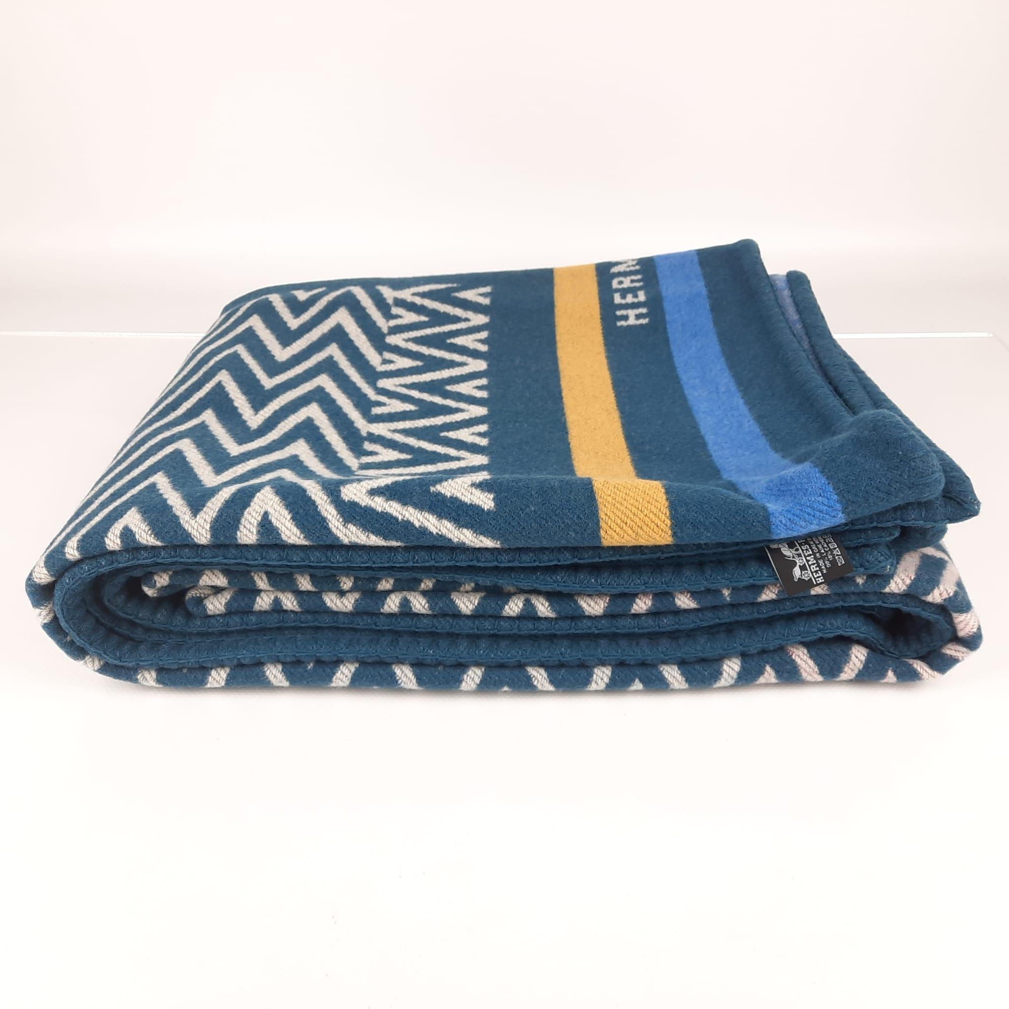 Hermes Plaid Enigmatic Color Peacock Blue Merino Wool And Cashmere 1