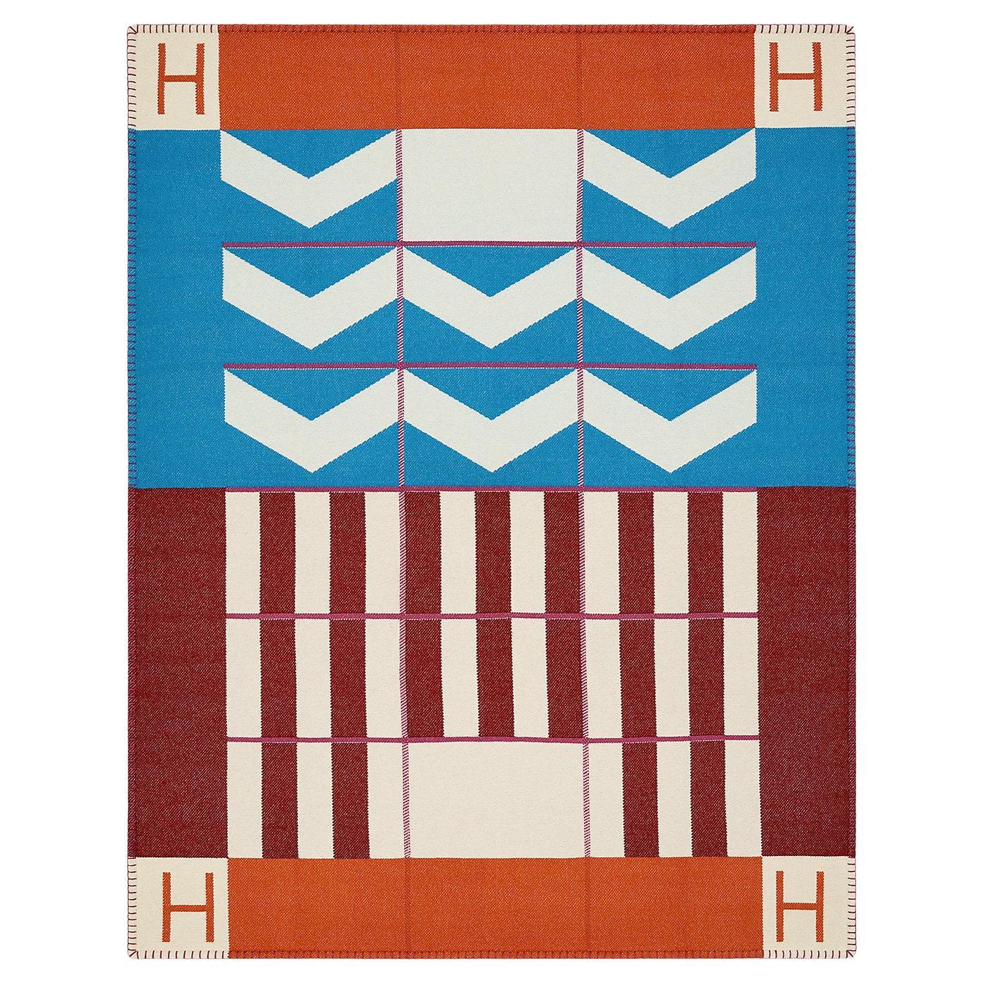 Coperta Hermes Plaid Tessuto a Mano Avalon 100%Cashmere Ciano / Carmin 140x185CM  NUOVO in vendita