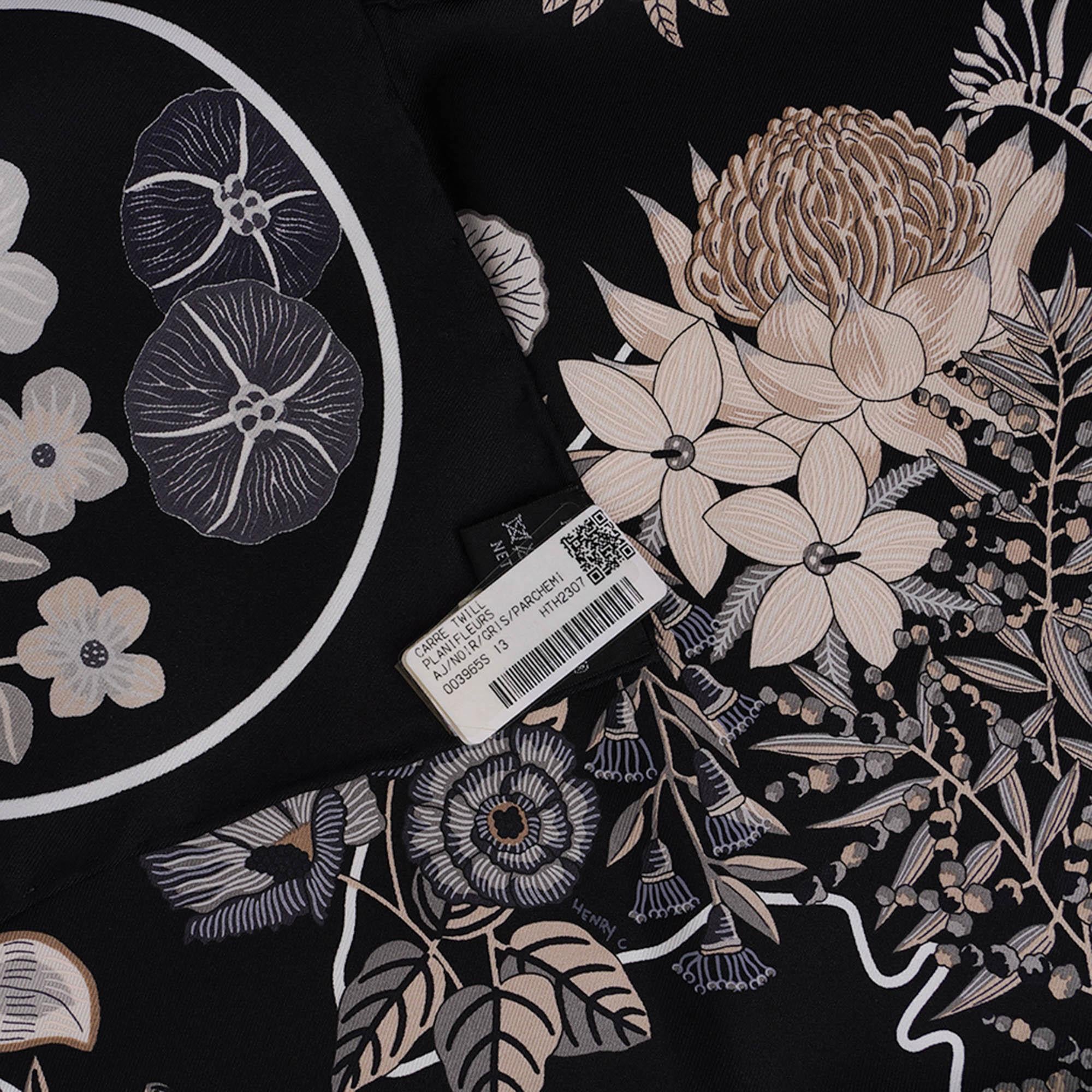 Foulard Planifleurs Hermes 90 Noir Gris Parchemin 6