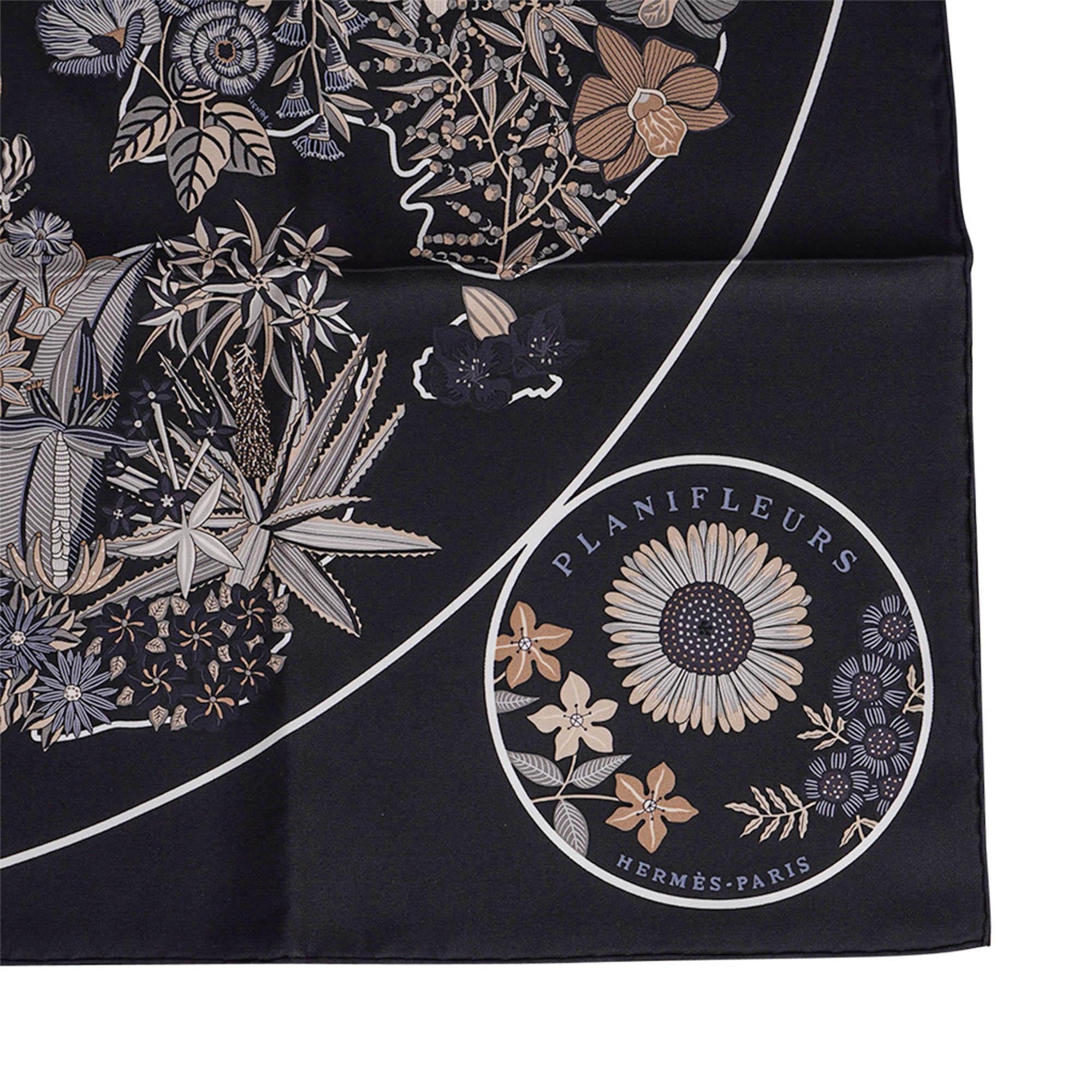 Foulard Planifleurs Hermes 90 Noir Gris Parchemin 1