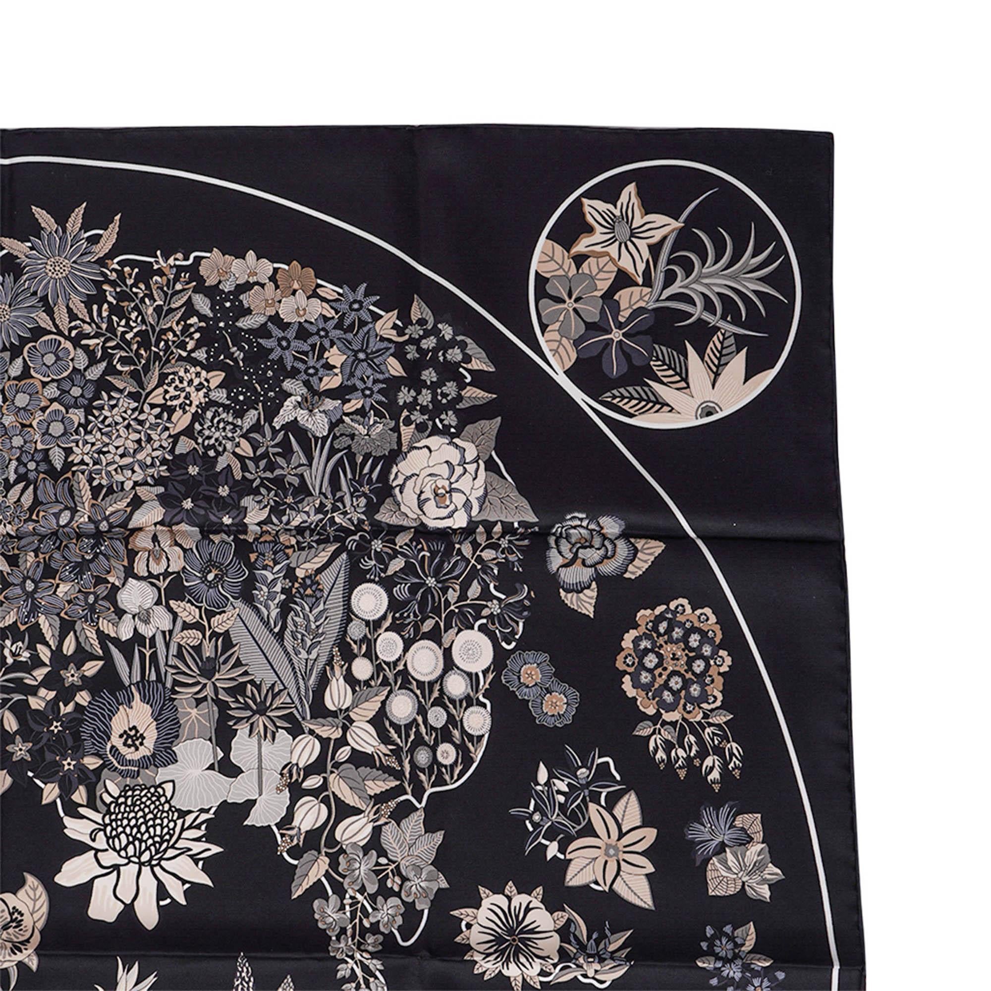 Foulard Planifleurs Hermes 90 Noir Gris Parchemin 2