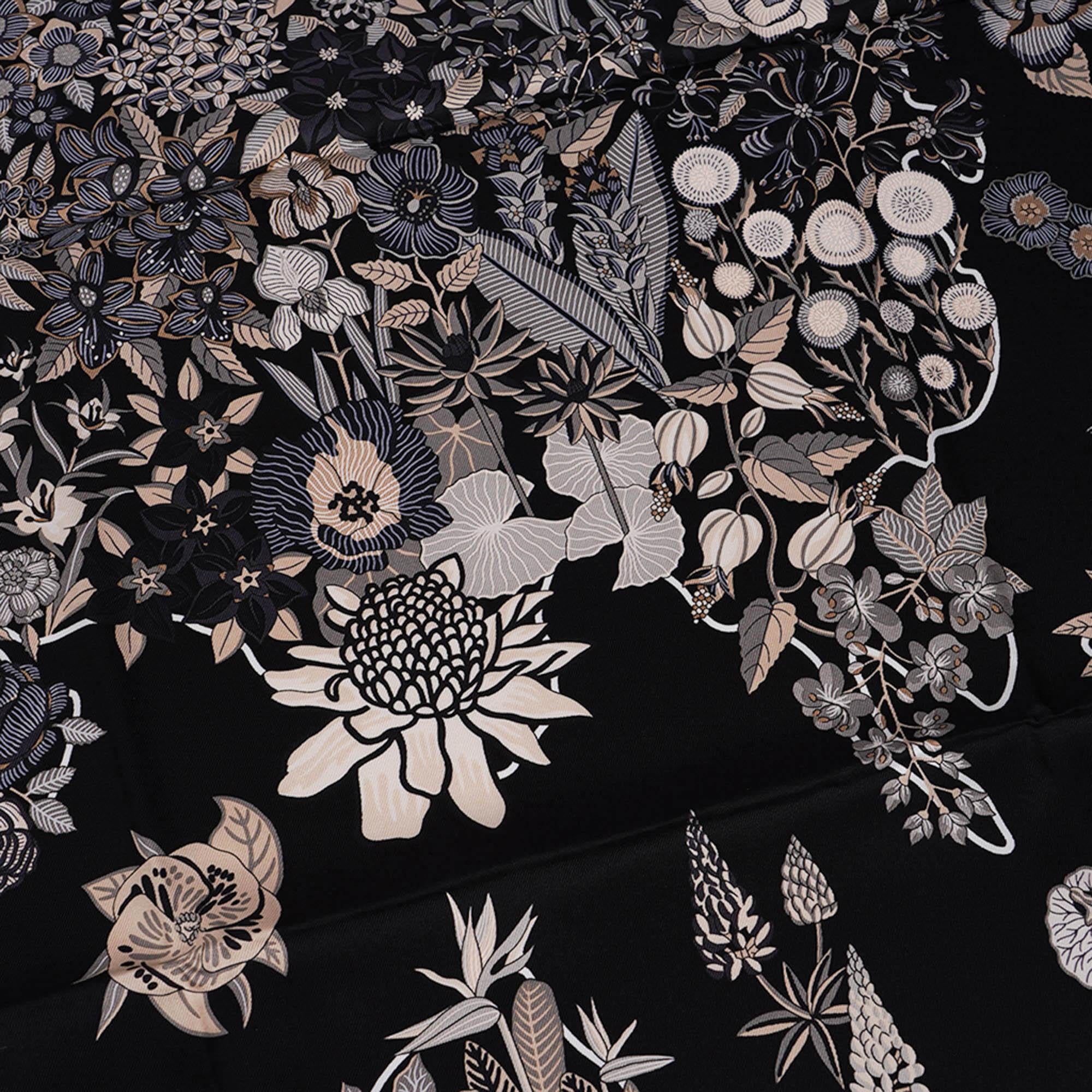 Foulard Planifleurs Hermes 90 Noir Gris Parchemin 3