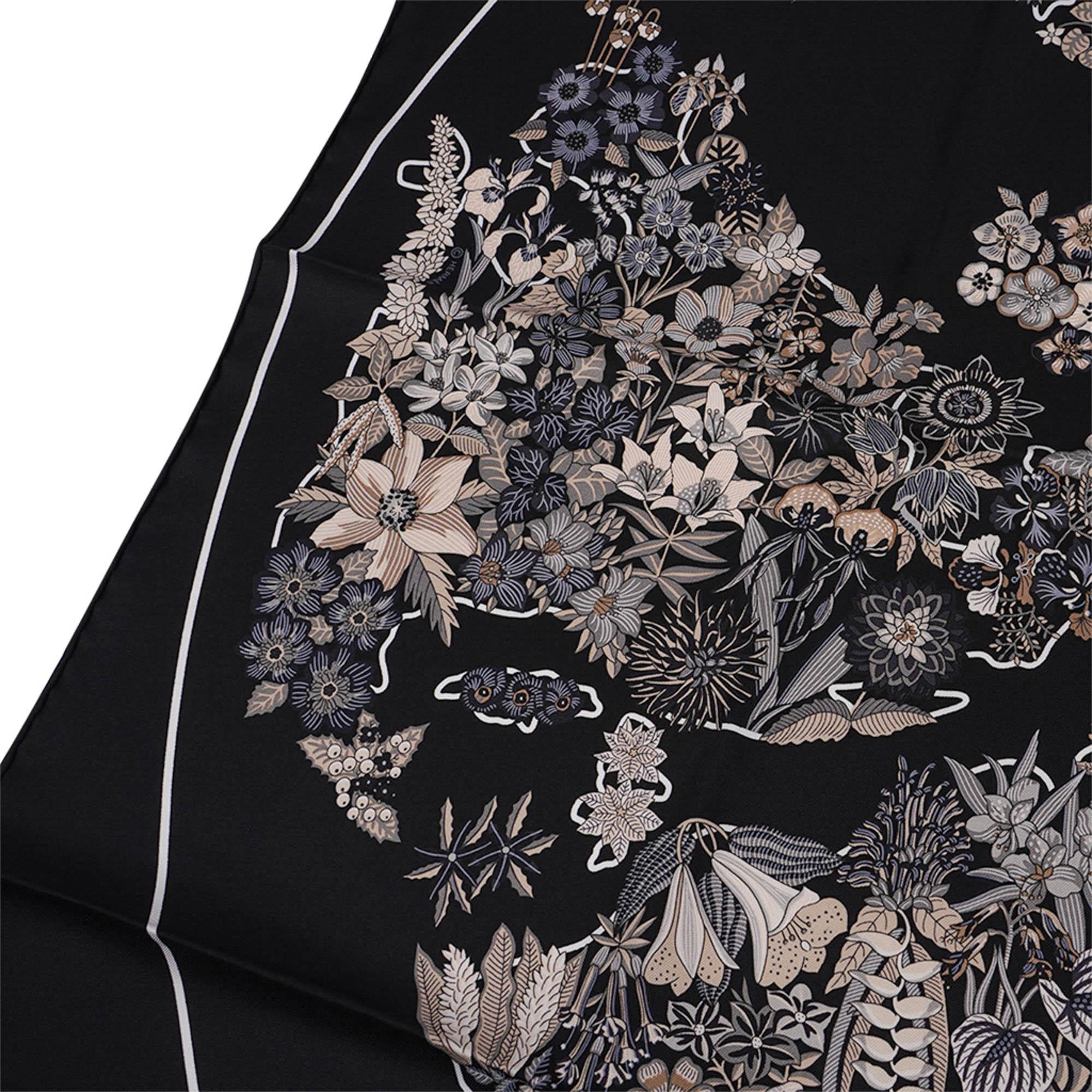 Foulard Planifleurs Hermes 90 Noir Gris Parchemin 4