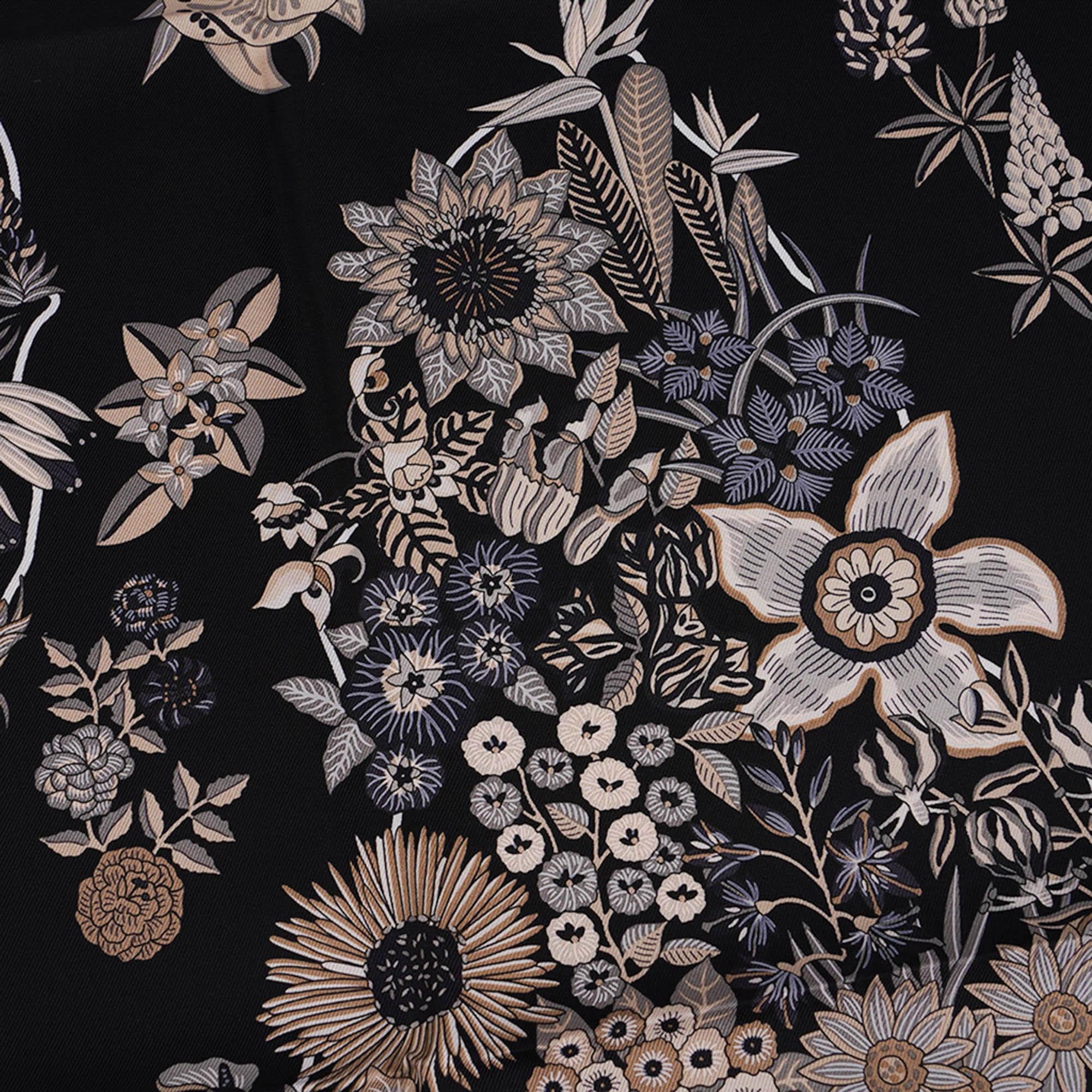 Foulard Planifleurs Hermes 90 Noir Gris Parchemin 5