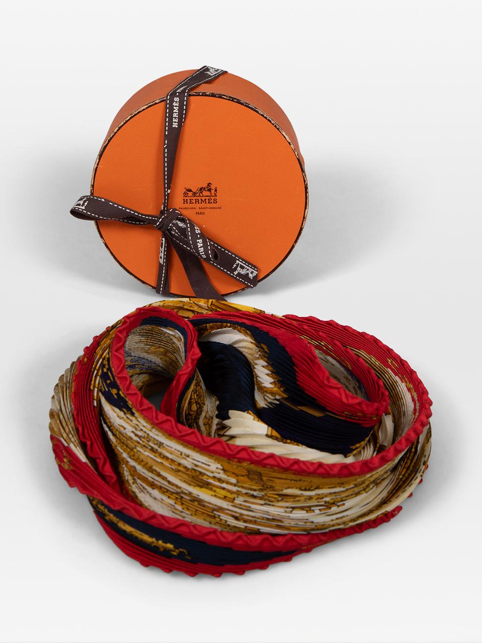 Orange Hermès Pleated Silk Patterned Bandana For Sale