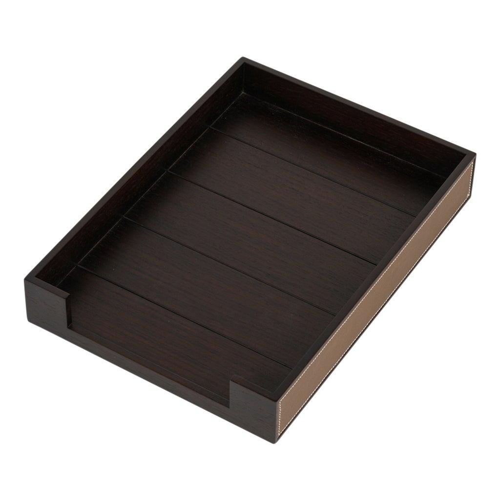 Hermes Pleiade Desk Tray Mahogany Wood / Etoupe Taurillon Leather New For Sale