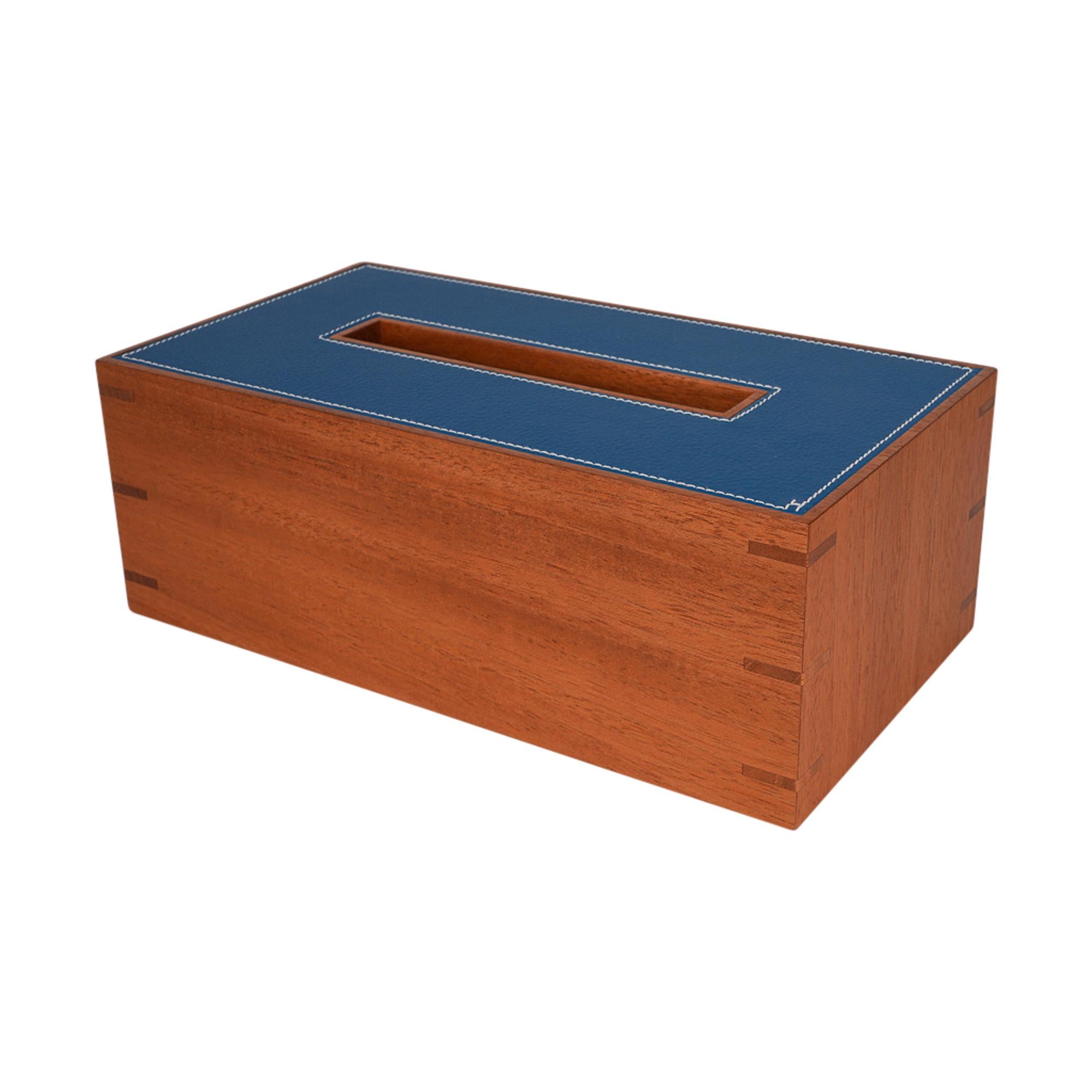 Hermes Pleiade Tissue Box Small Model Mahogany / Blue Izmir Leather New