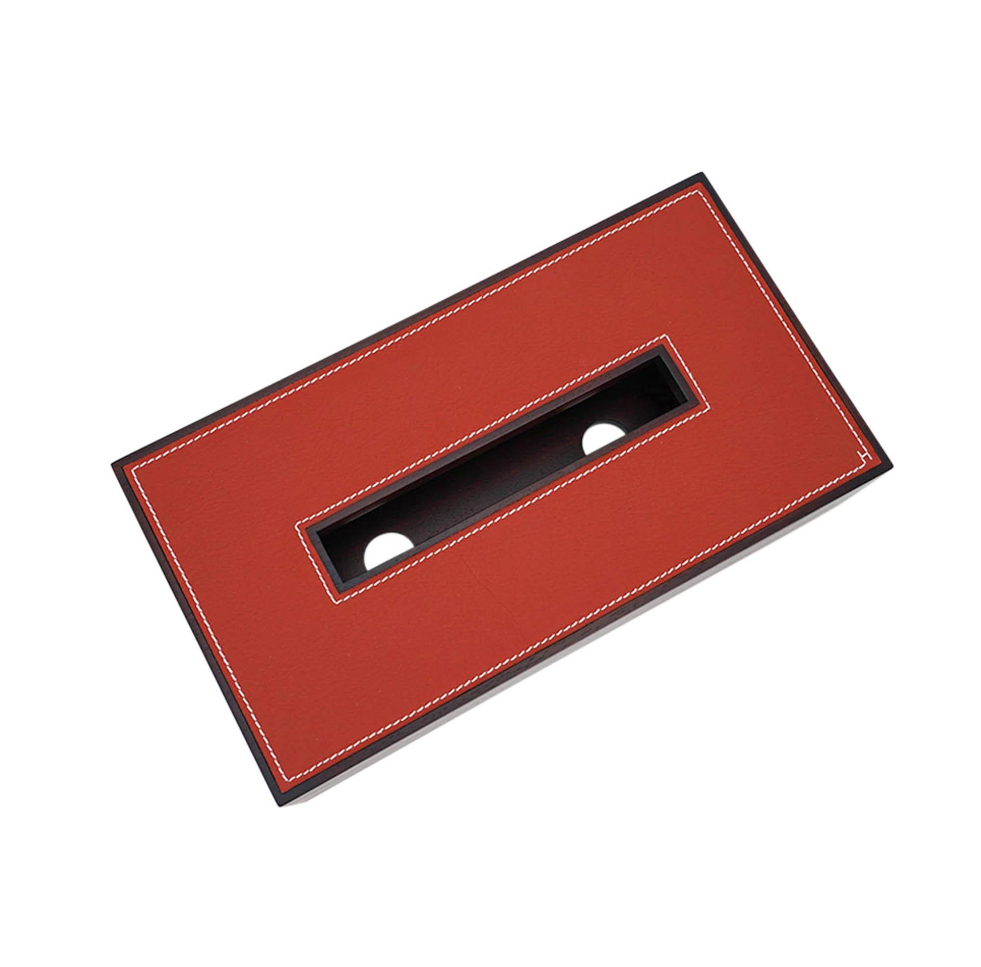 Caja de pañuelos Hermes Pleiade Modelo Pequeño Madera de Caoba Piel de Brique Rojo en venta