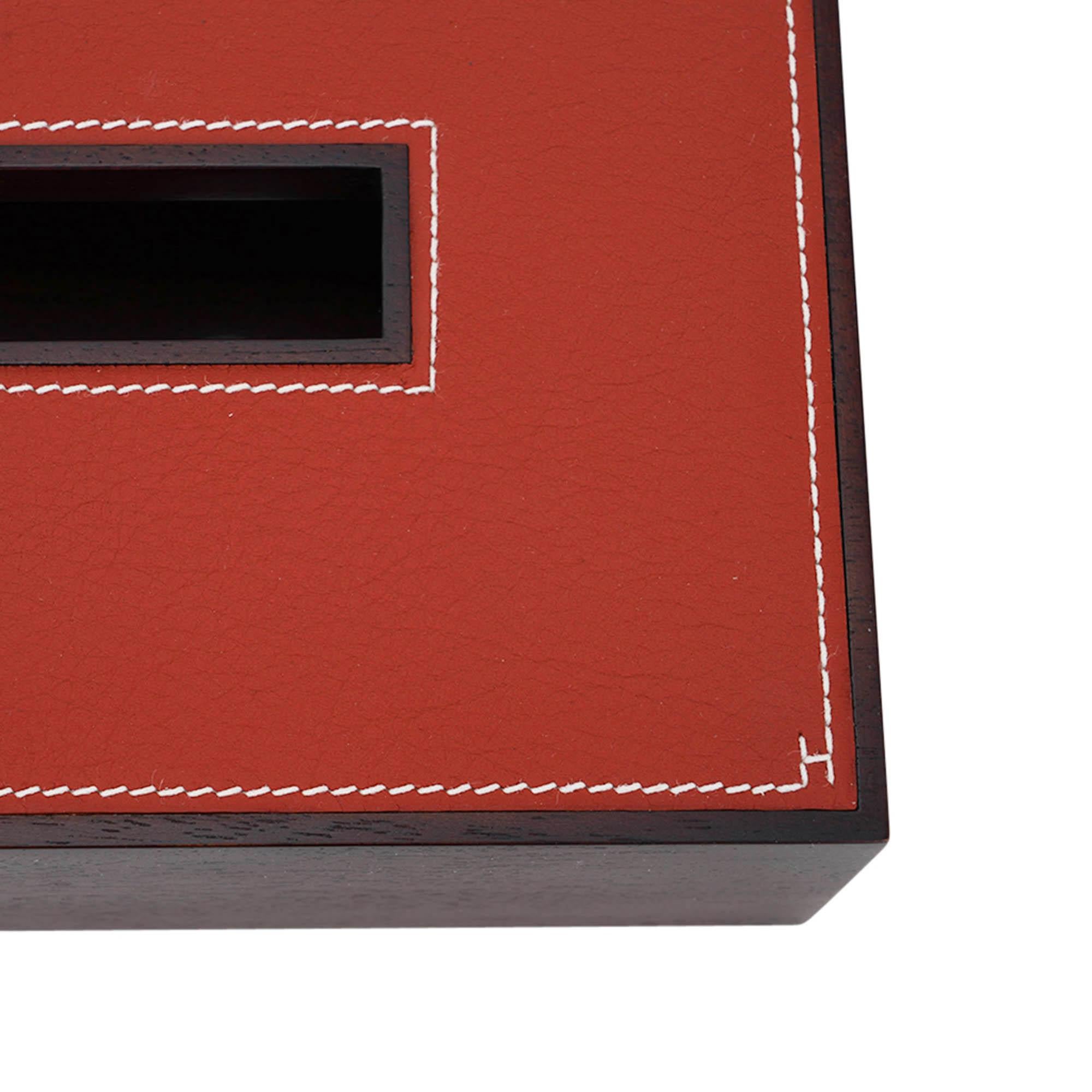 Caja de pañuelos Hermes Pleiade Modelo Pequeño Madera de Caoba Piel de Brique en venta 2