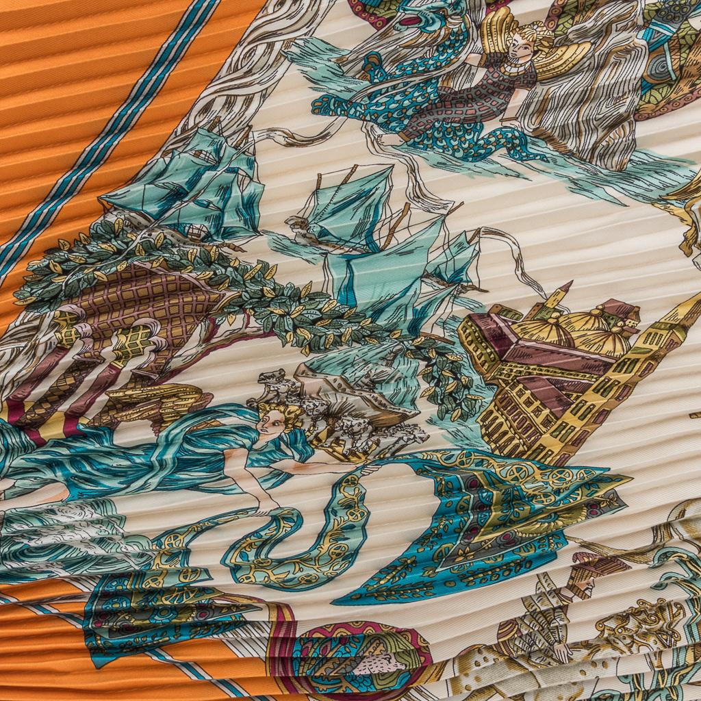 Guaranteed authentic Hermes silk plisse (pleated) print scarf.   
The Journey of Silk Thread was created by Annie Faivre. 
This print depicts the story of silk from the cocoon on the mulberry bush in the Far East and the transport over land and sea