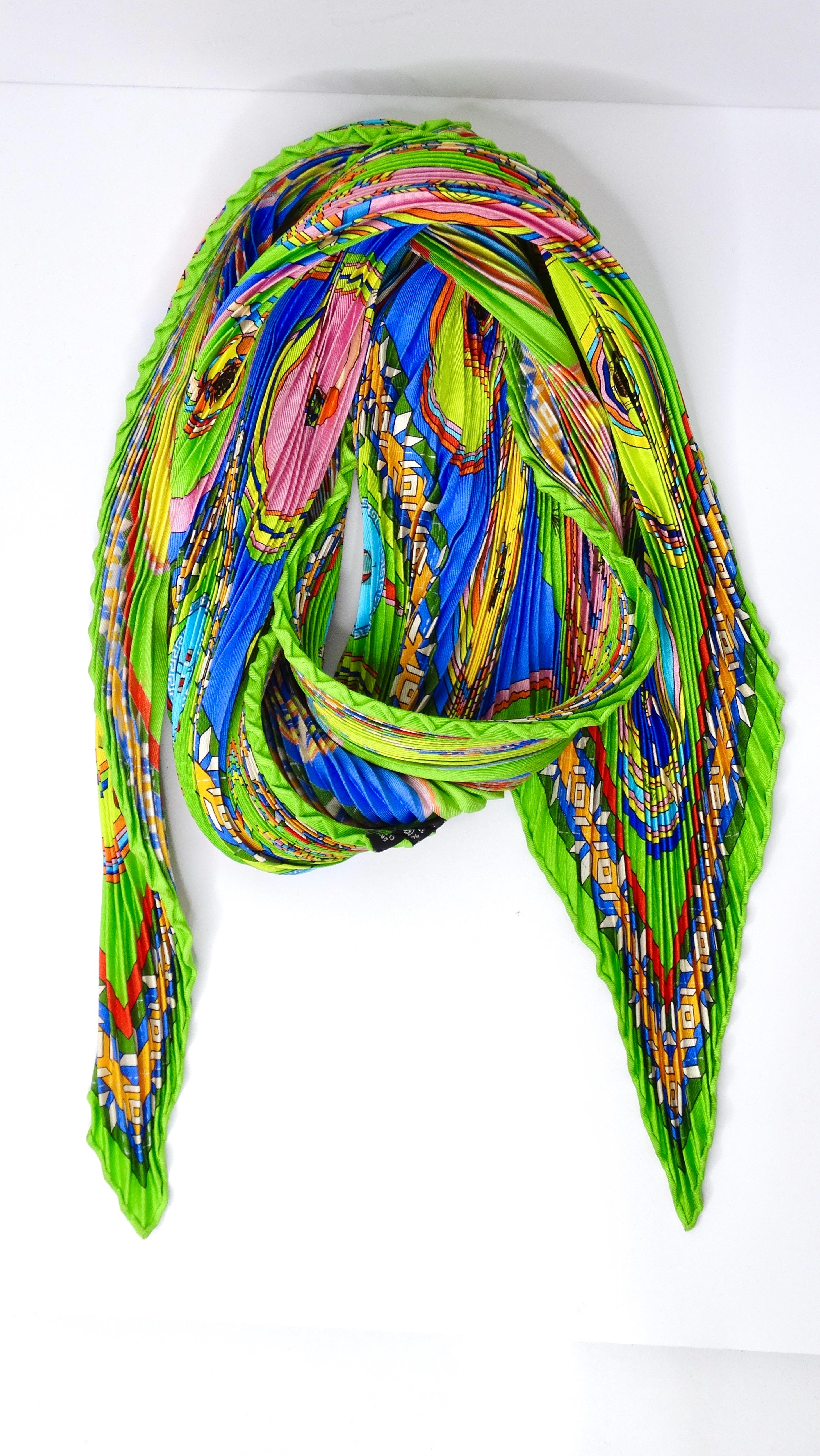 Beige Hermes Plisse Pleated Multicolor Print Silk Scarf 